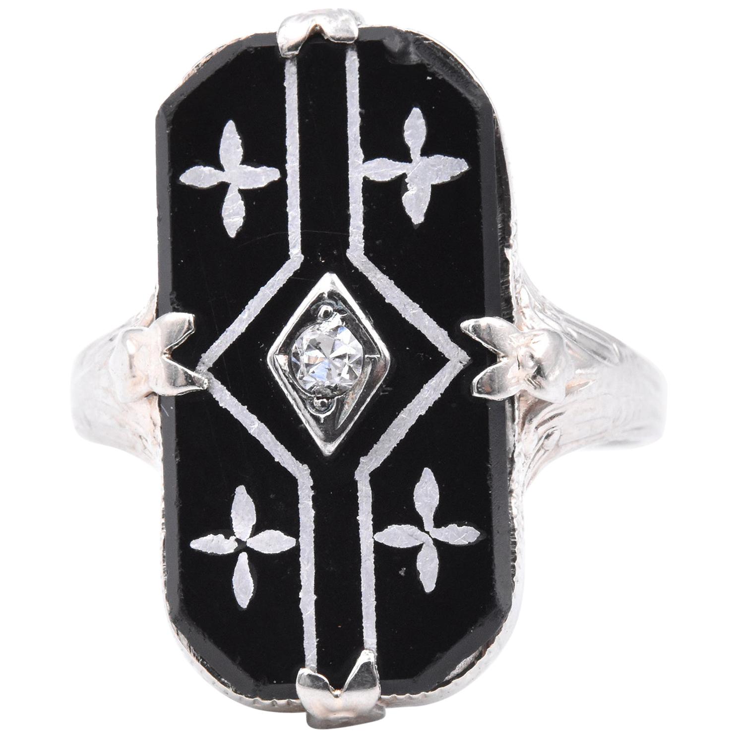 14 Karat White Gold Vintage Onyx and Diamond Ring