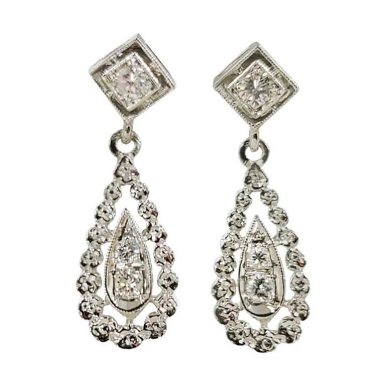 White Gold Vintage Pear Drop Diamond Earrings