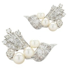 14 Karat White Gold Vintage Pearl and Diamond Spray Earrings
