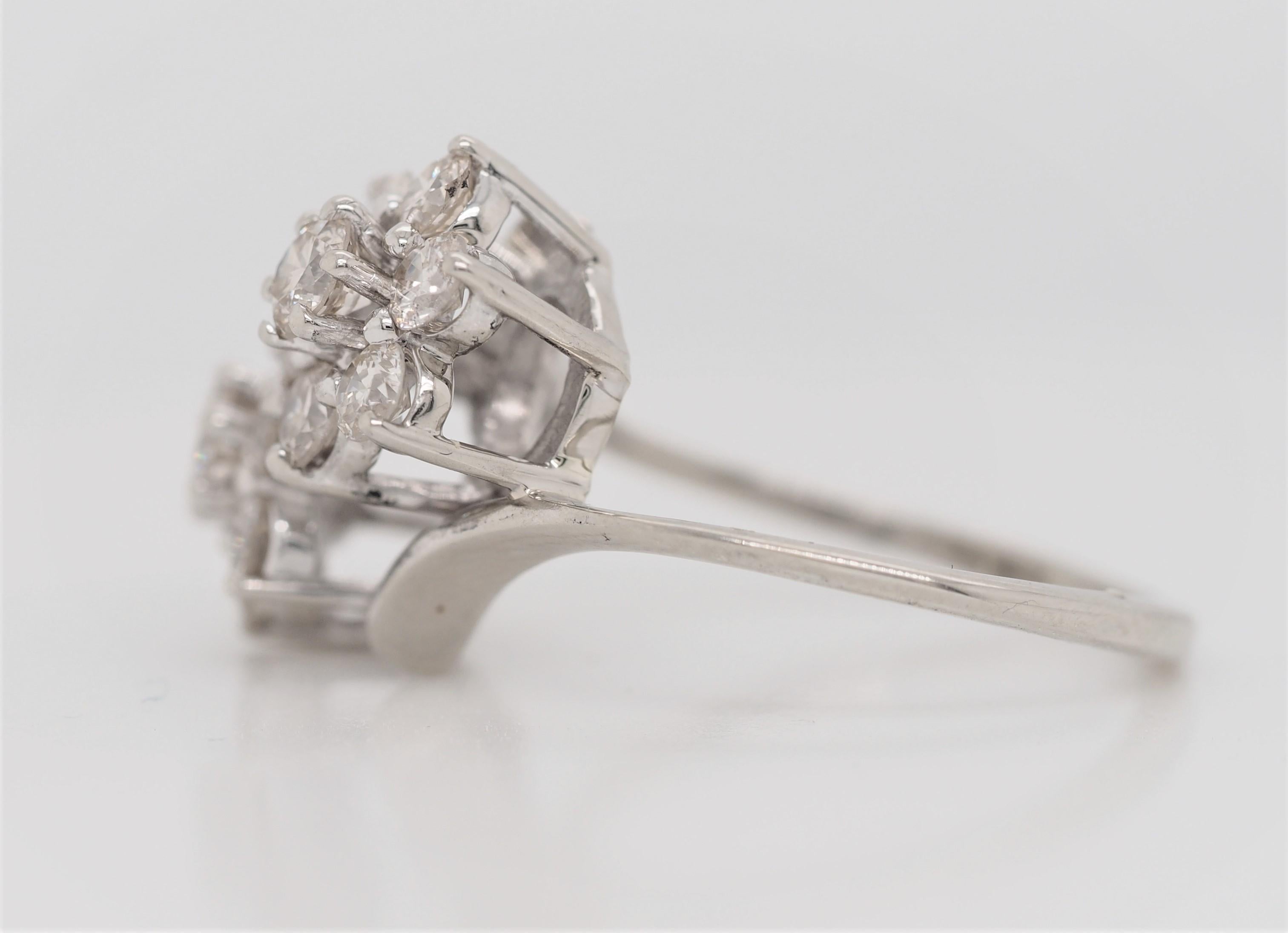 14 Karat White Gold Vintage Round Cut Diamond Floral Ring For Sale 1