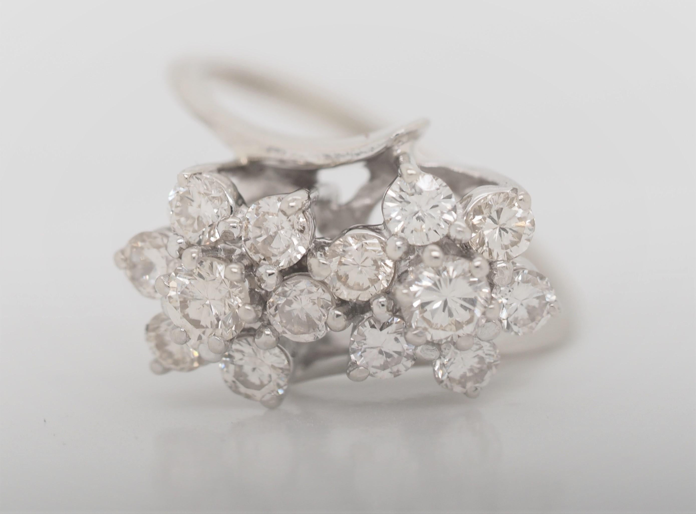14 Karat White Gold Vintage Round Cut Diamond Floral Ring For Sale 2