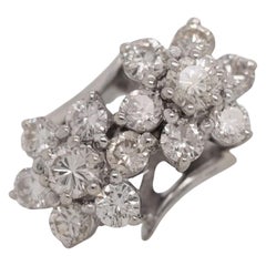 14 Karat White Gold Vintage Round Cut Diamond Floral Ring