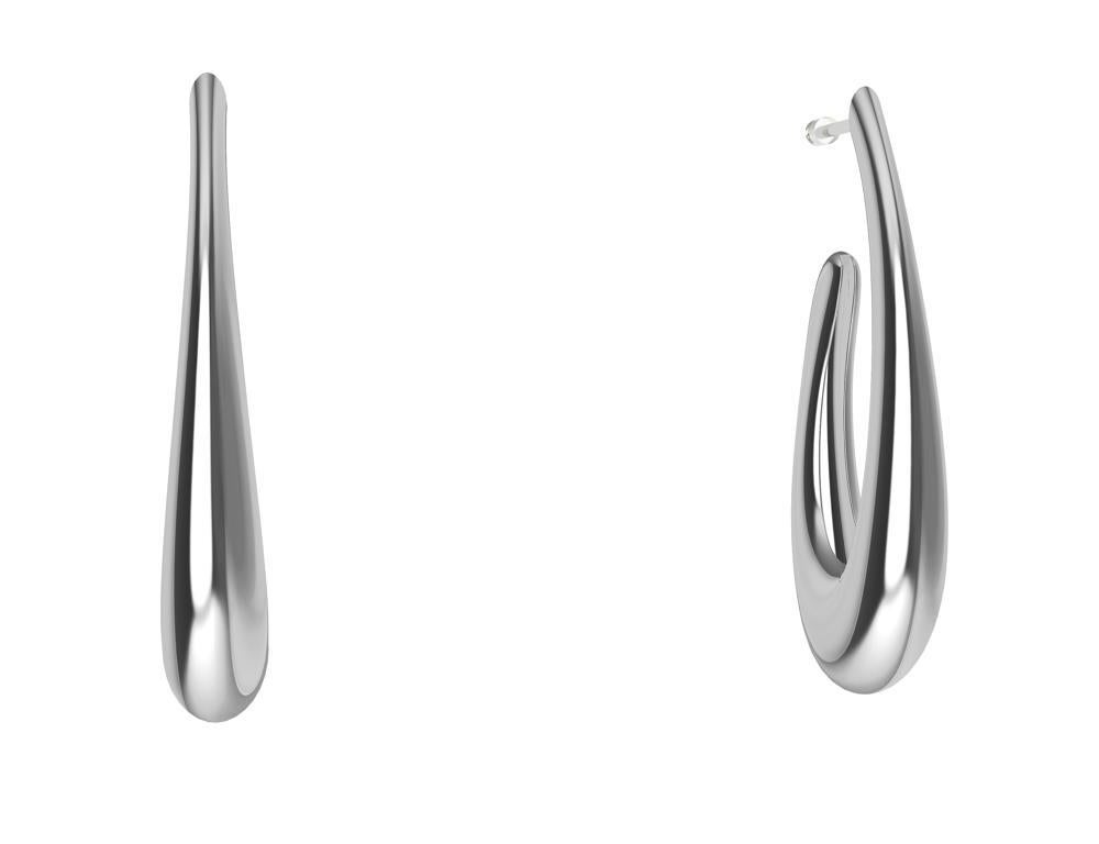 14 Karat White Gold Water Teardrops Hollow Hoop Earrings For Sale 1