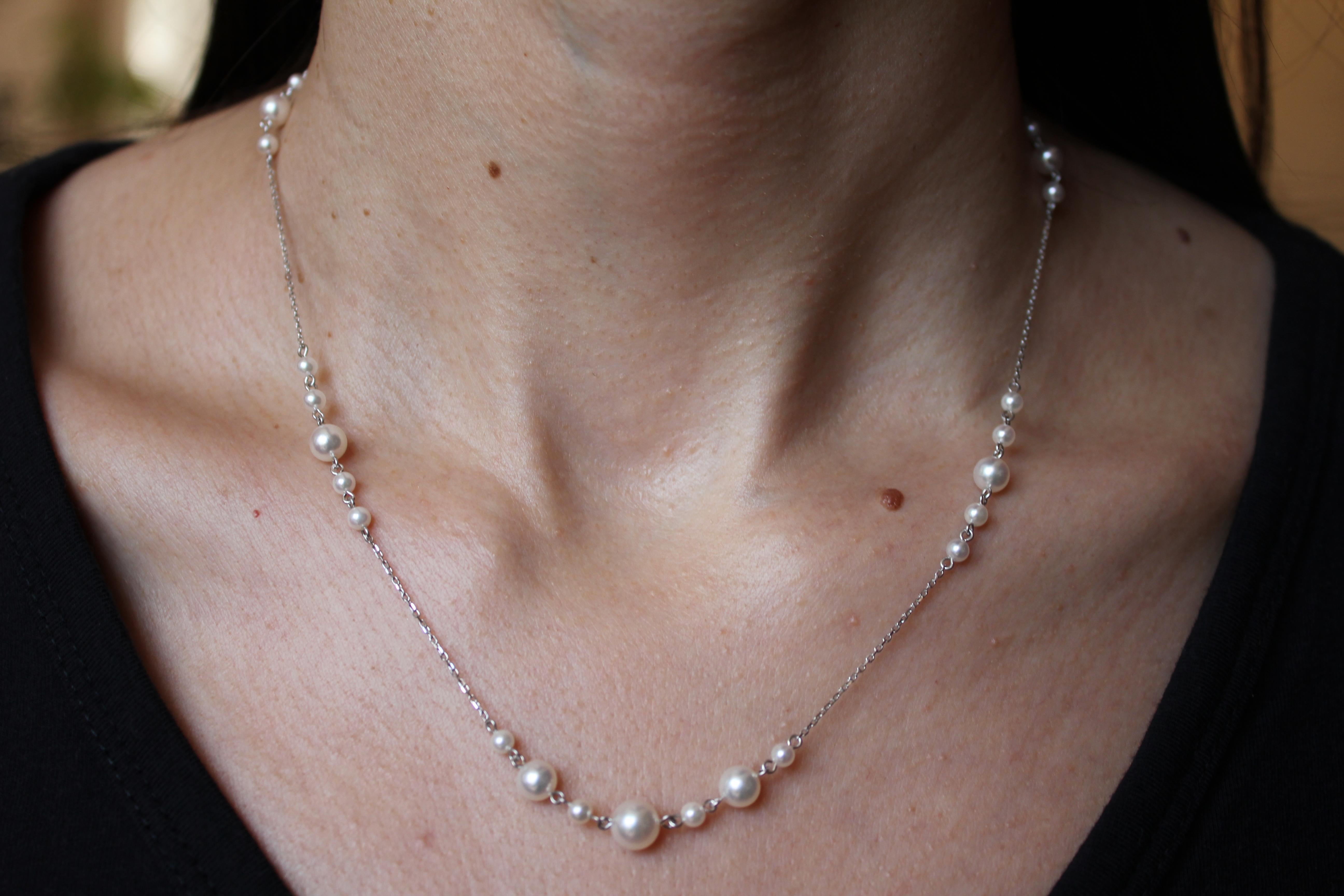 Round Cut 14 Karat White Gold White Akoya Pearl Bead Thin Chain Layer Dainty Necklace For Sale