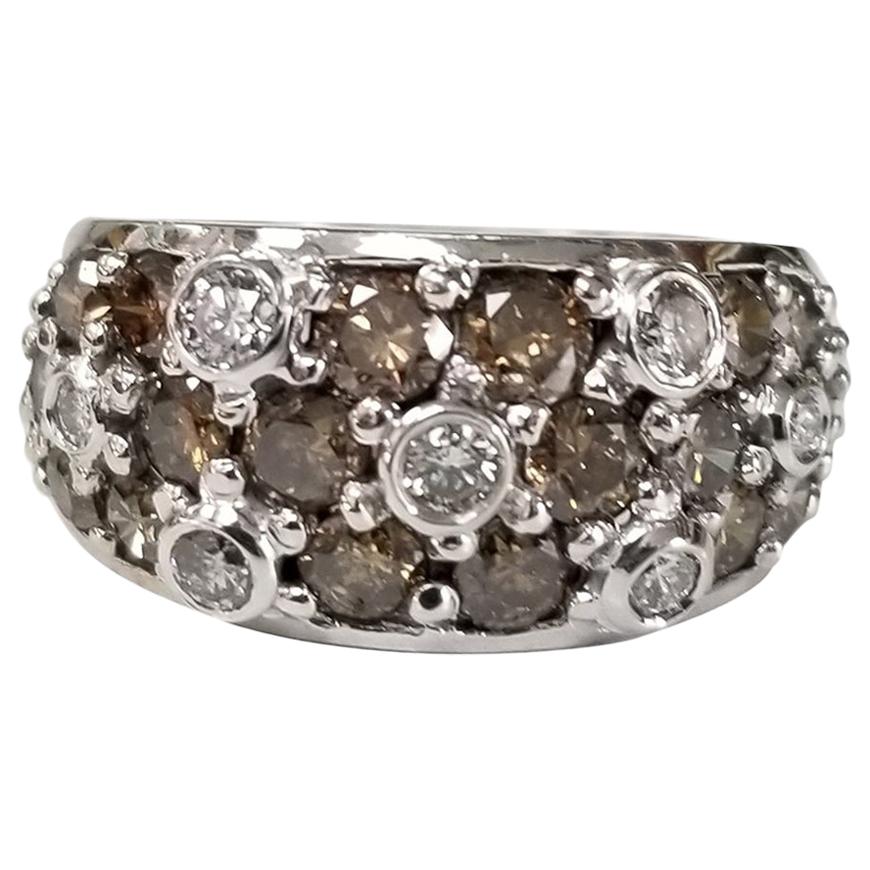 14 Karat White Gold White and Brown Diamond "Domed" Ring For Sale