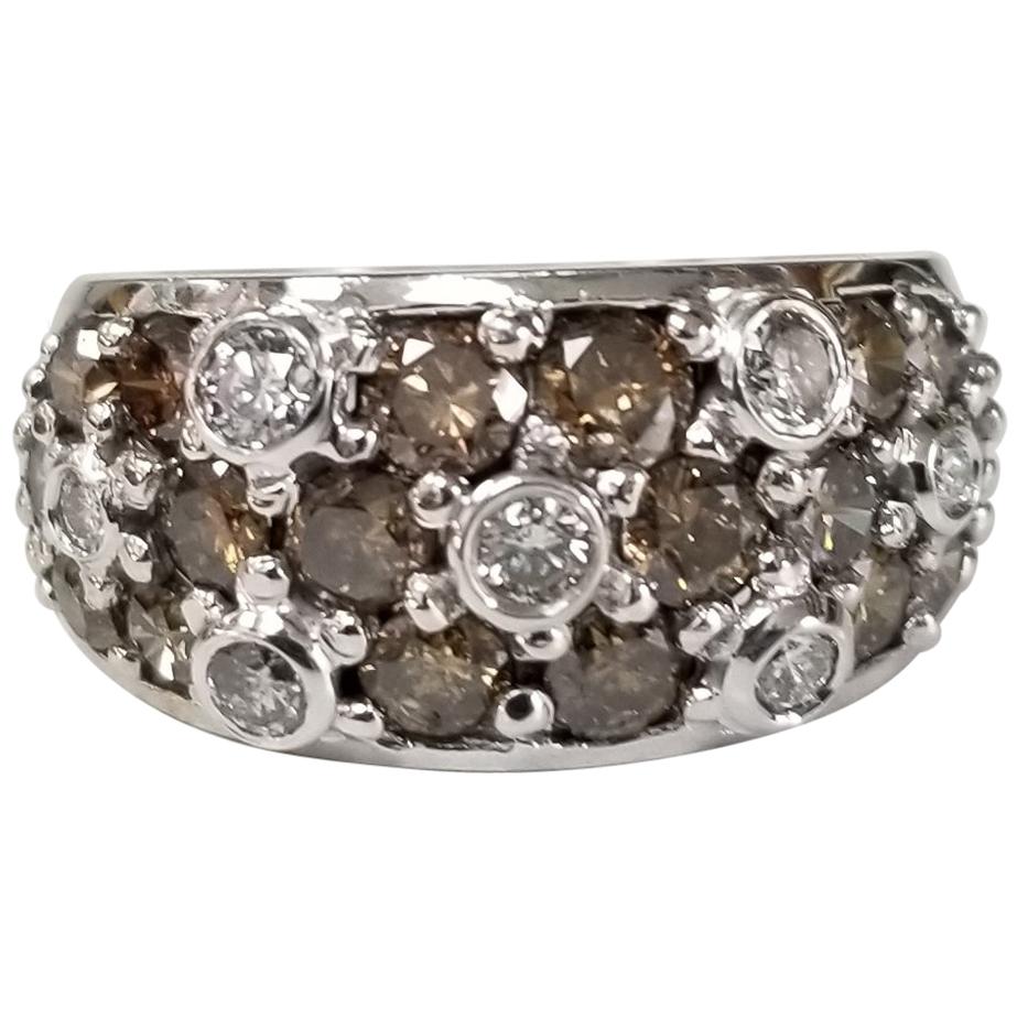 14 Karat White Gold White and Brown Diamond "Domed" Ring For Sale