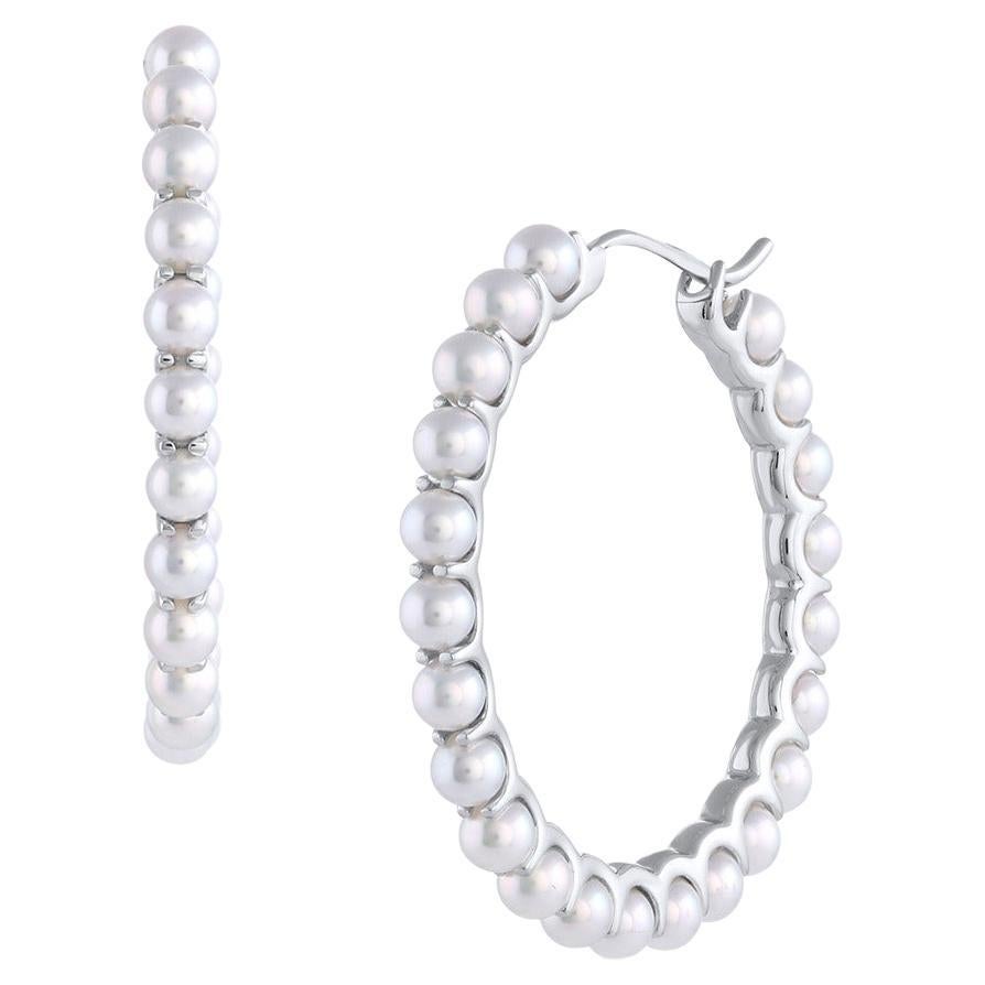 14 Karat White Gold White Baby Akoya Pearl Unique Statement Medium Hoop Earrings For Sale