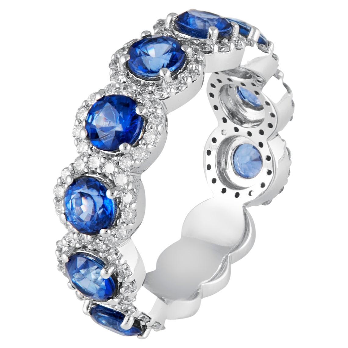 14 Karat White Gold White Diamond with Blue Sapphire Ring