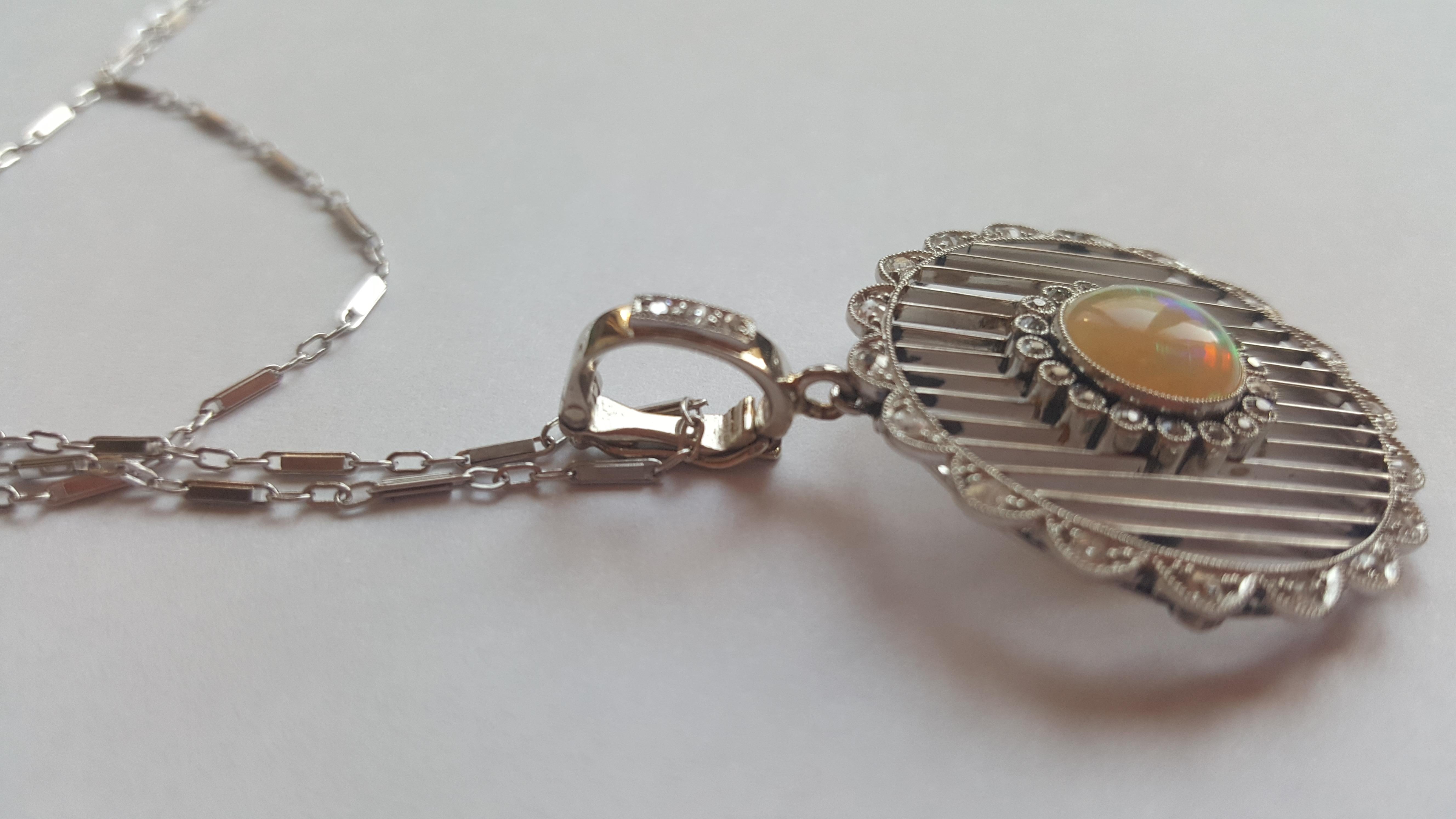 Art Deco 14 Karat White Gold White Opal and Single Cut Diamond Pendant and Pearl Enhancer For Sale