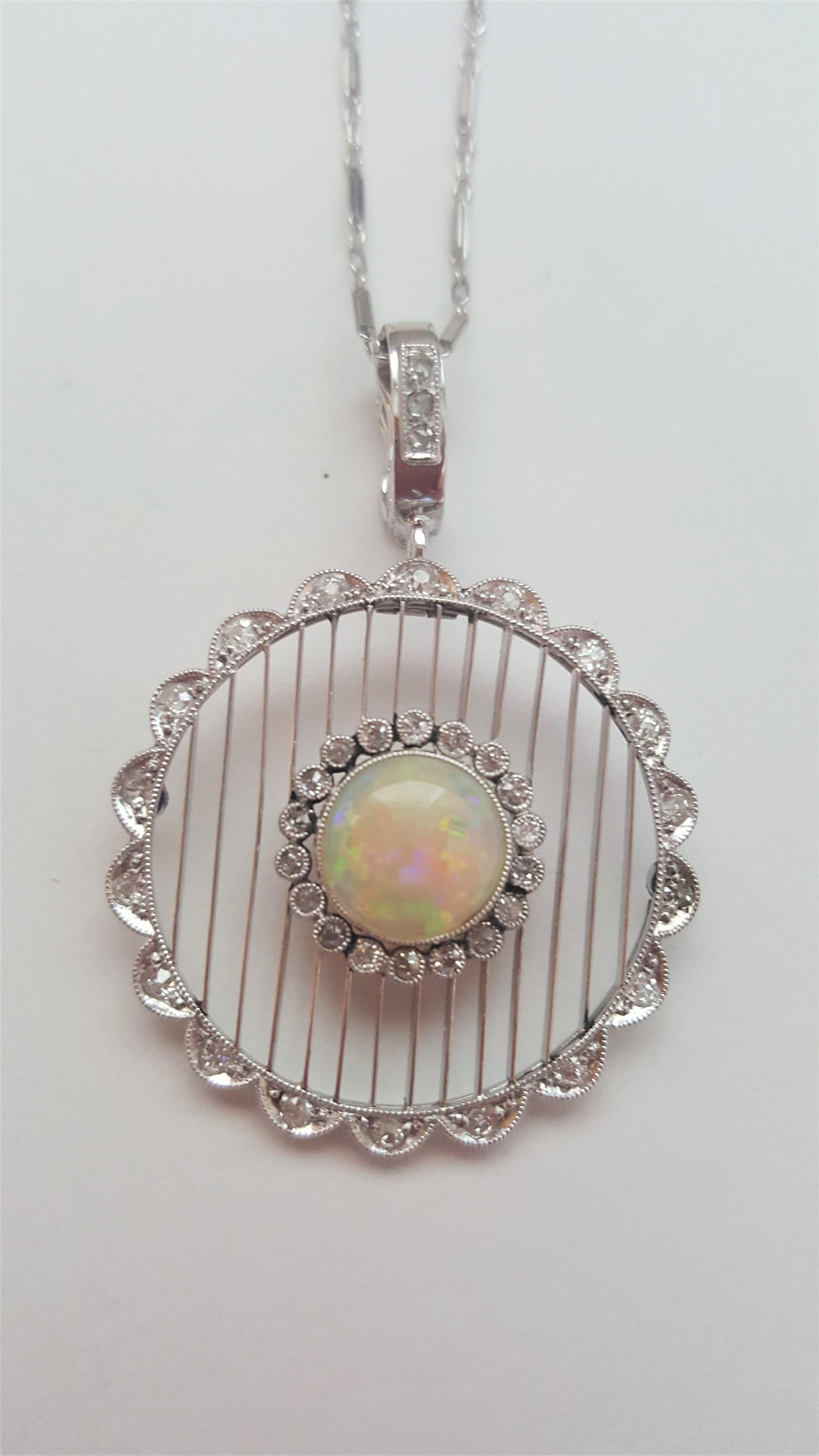 Round Cut 14 Karat White Gold White Opal and Single Cut Diamond Pendant and Pearl Enhancer For Sale