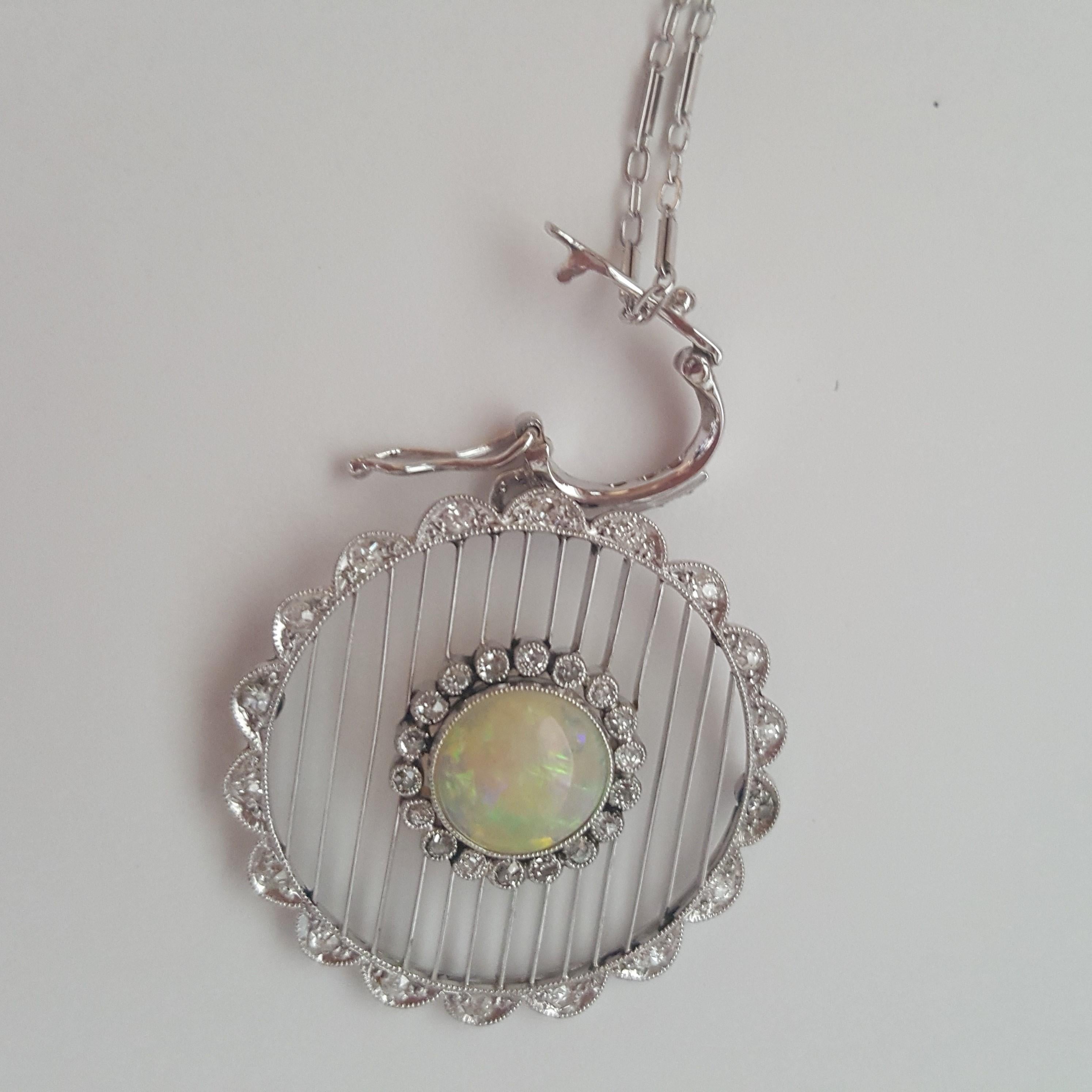 14 Karat White Gold White Opal and Single Cut Diamond Pendant and Pearl Enhancer In Good Condition For Sale In Rancho Santa Fe, CA