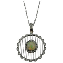 Vintage 14 Karat White Gold White Opal and Single Cut Diamond Pendant and Pearl Enhancer