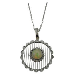 Vintage 14 Karat White Gold White Opal and Single Cut Diamond Pendant and Pearl Enhancer