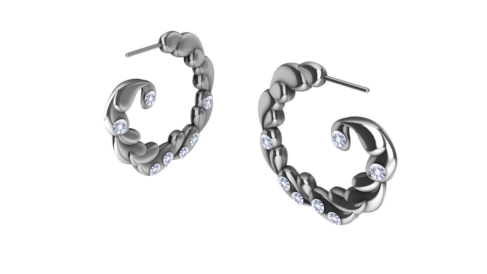 Contemporary 14 Karat White Gold & White Sapphires Wave Drop Hoop Earrings For Sale