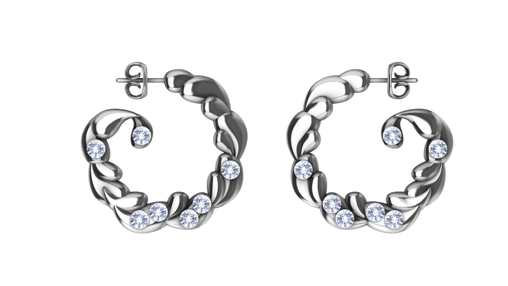 Round Cut 14 Karat White Gold & White Sapphires Wave Drop Hoop Earrings For Sale