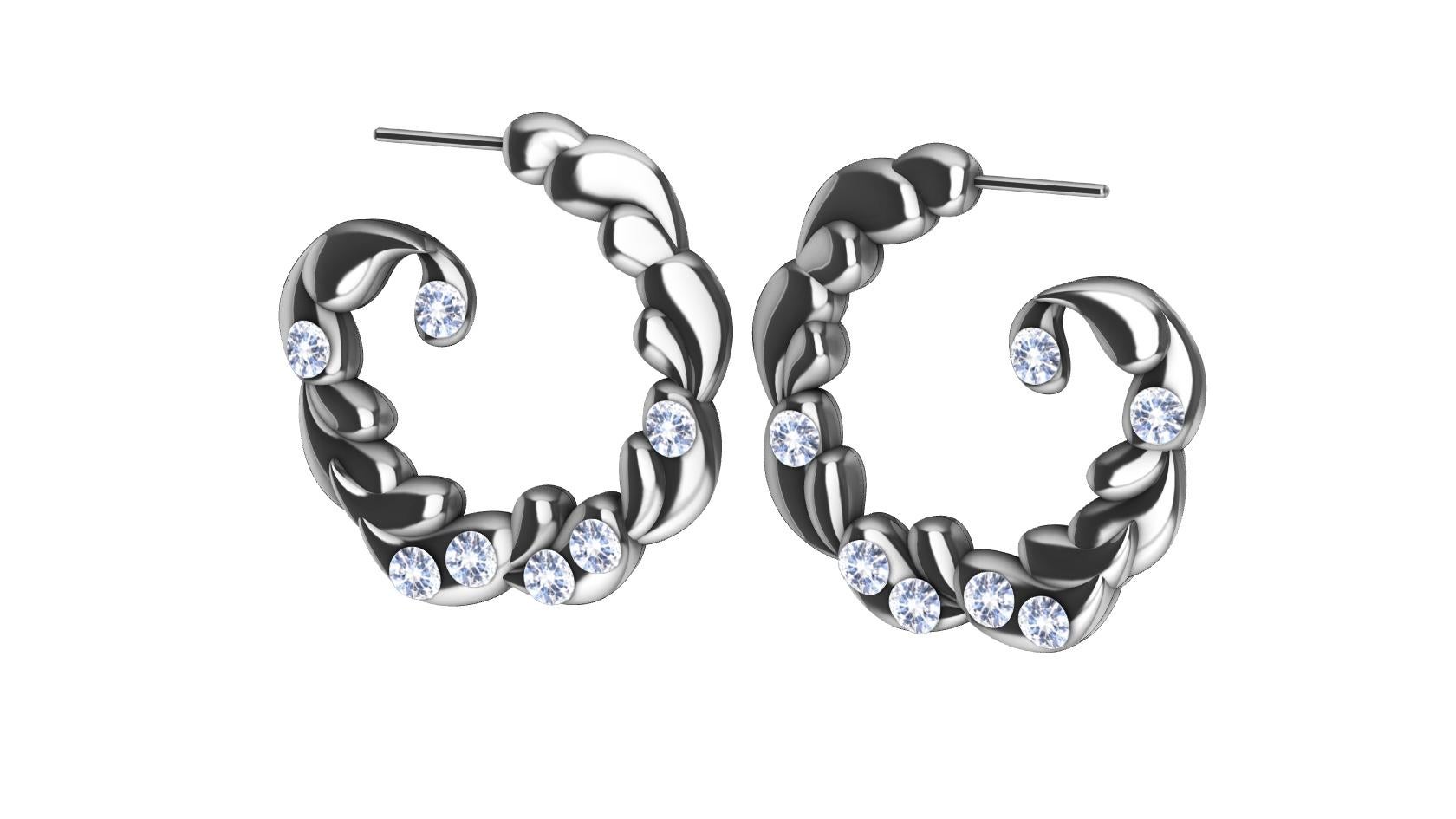 Women's 14 Karat White Gold & White Sapphires Wave Drop Hoop Earrings For Sale