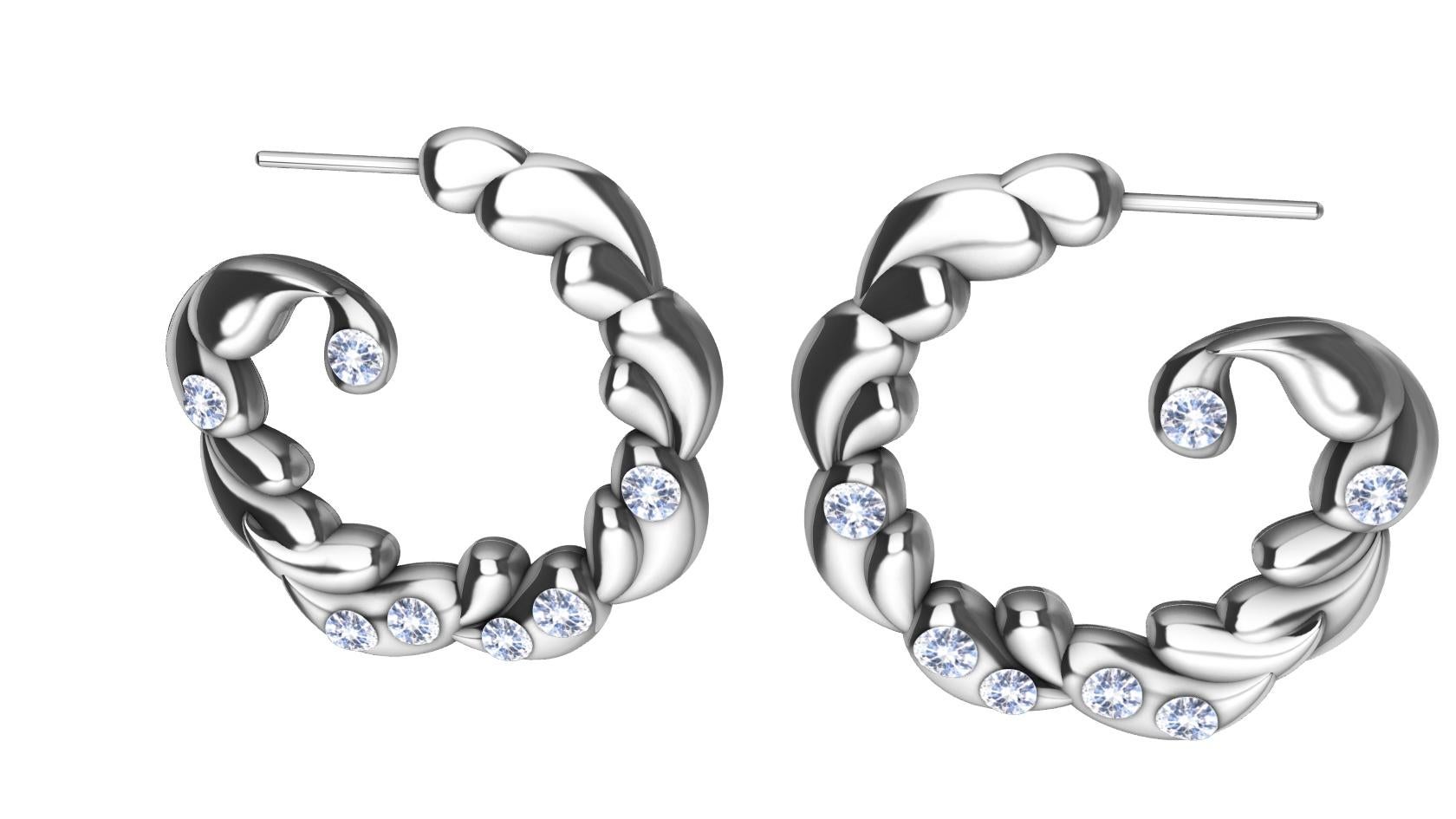14 Karat White Gold & White Sapphires Wave Drop Hoop Earrings For Sale 1