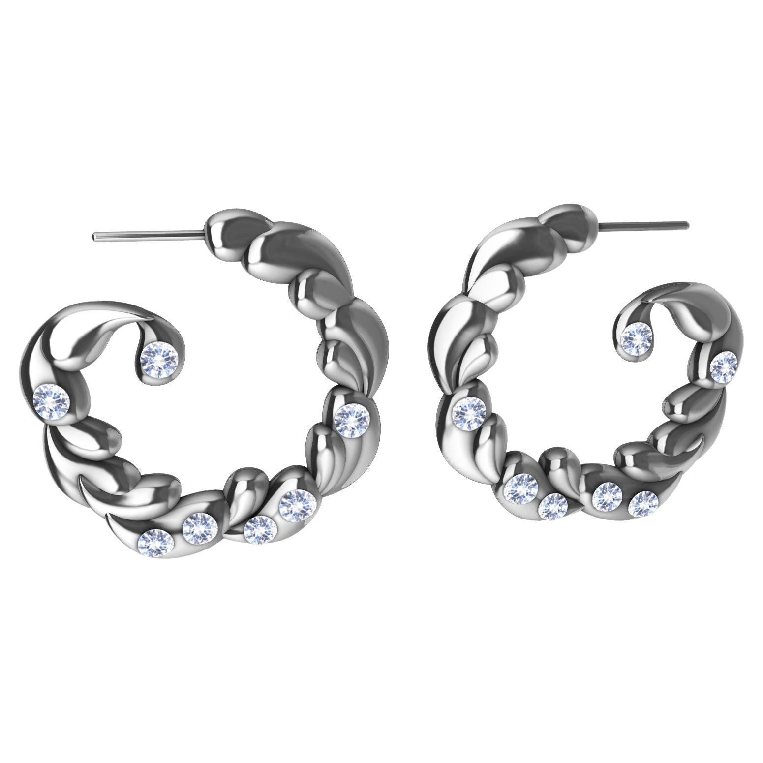 14 Karat White Gold & White Sapphires Wave Drop Hoop Earrings For Sale