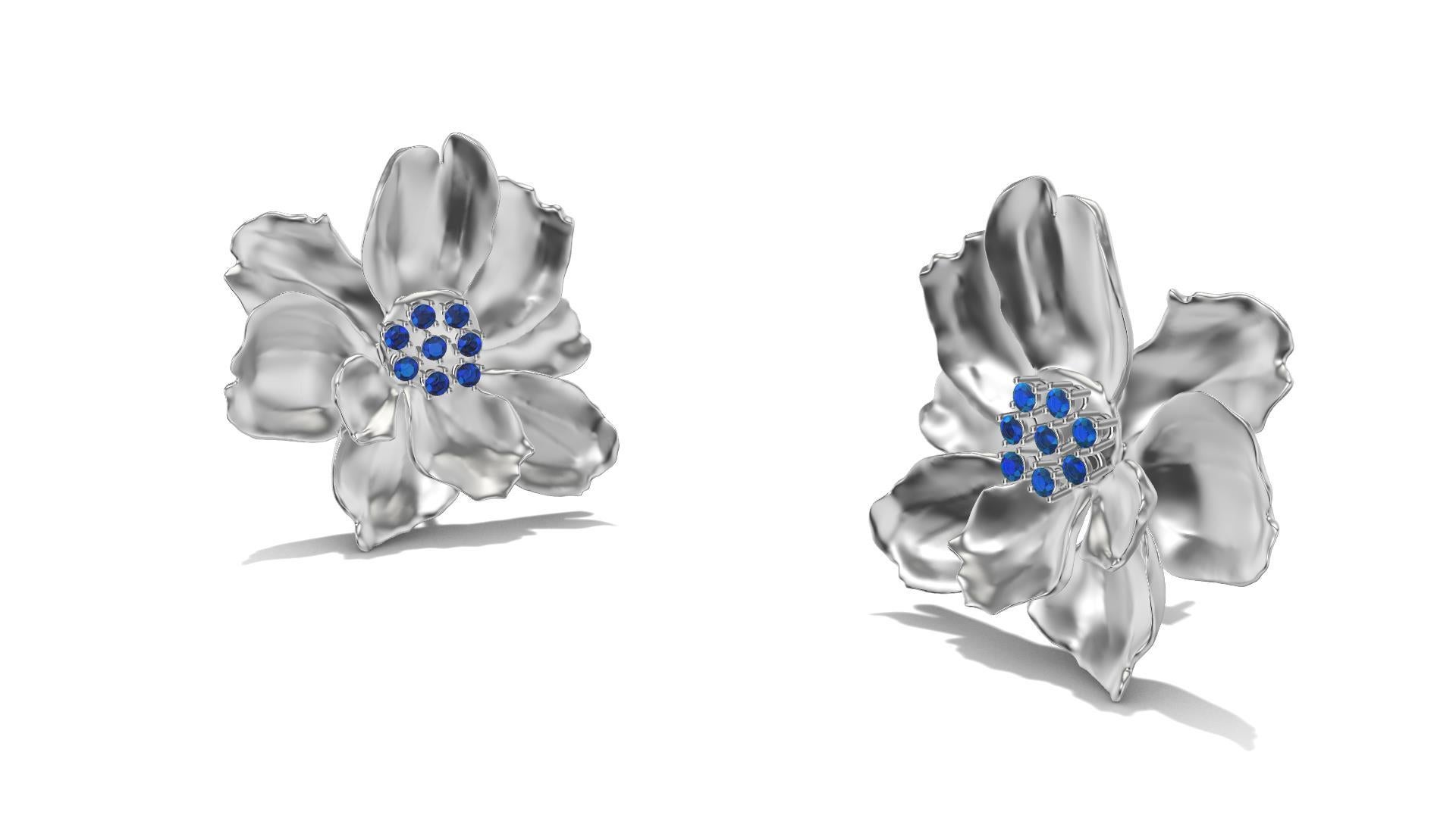 Round Cut 14 Karat White Gold Wild Flower Earrings with Sapphires For Sale