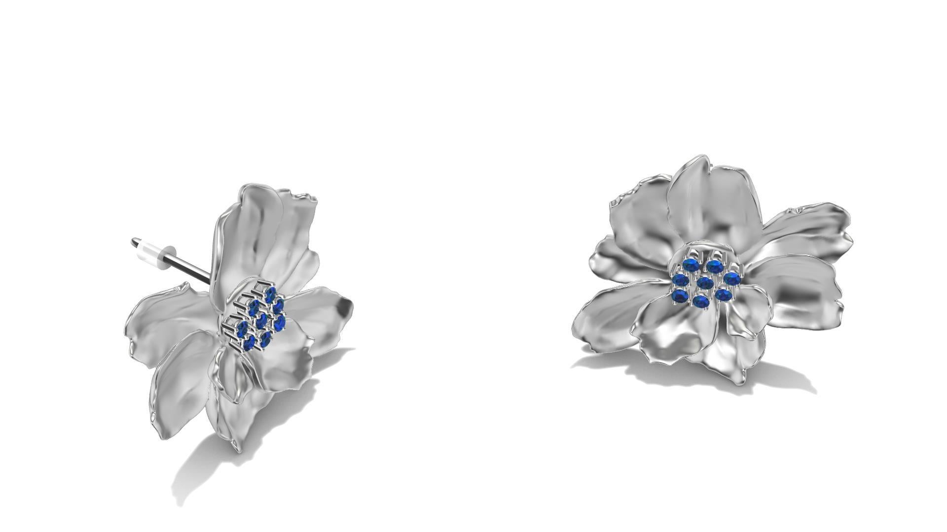 Women's 14 Karat White Gold Wild Flower Earrings with Sapphires For Sale