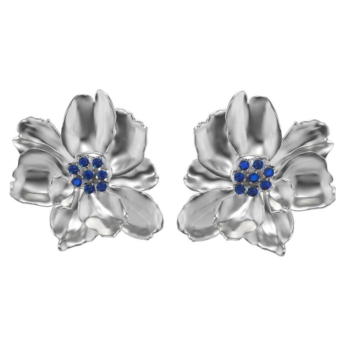 14 Karat White Gold Wild Flower Earrings with Sapphires For Sale