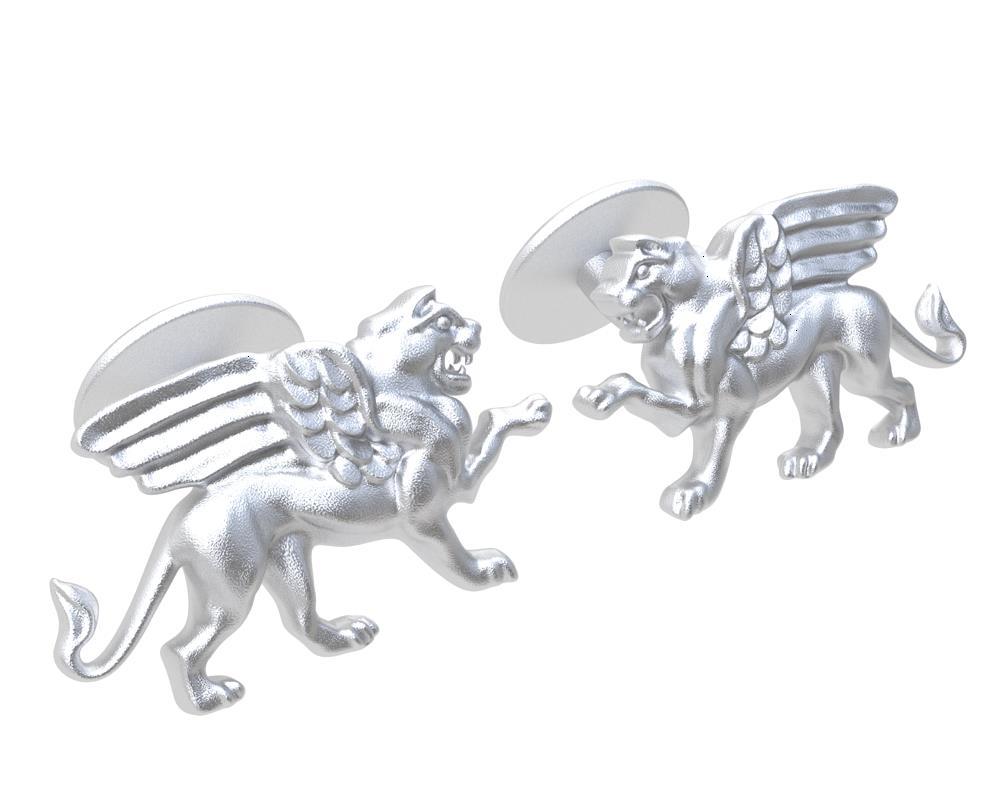 Tiffany designer , Thomas Kurilla created this for 1st dibs exclusively. Platinum Winged Griffin Cuff links  Sculpture is my passion. This griffin is getting ready to take on his enemy 4 teeth and all. 
20 mm wide x 11.5 mm high x 3mm depth. Stamped