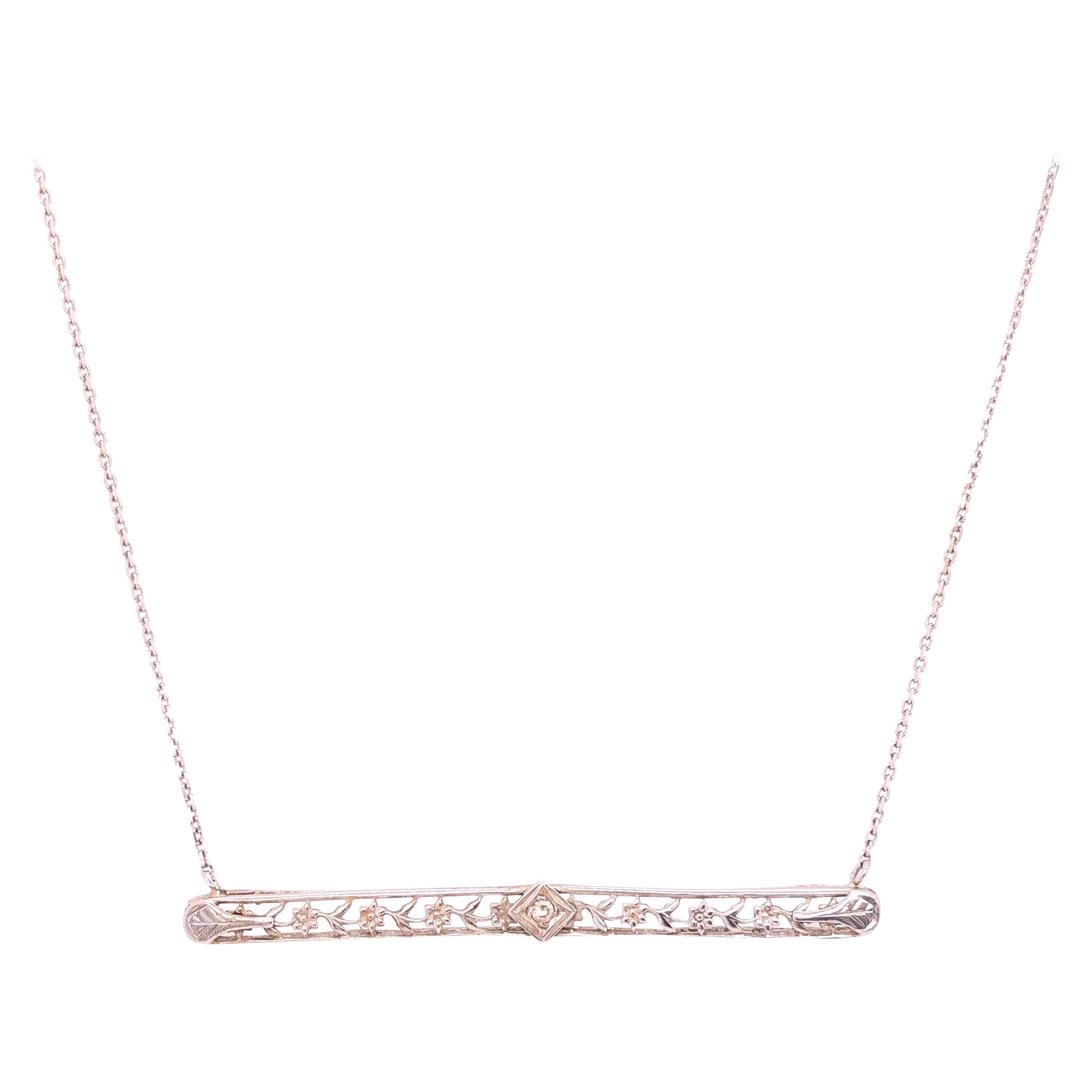 14 Karat White Gold with Center Diamond Bar Pendant Necklace 0.05 TDW