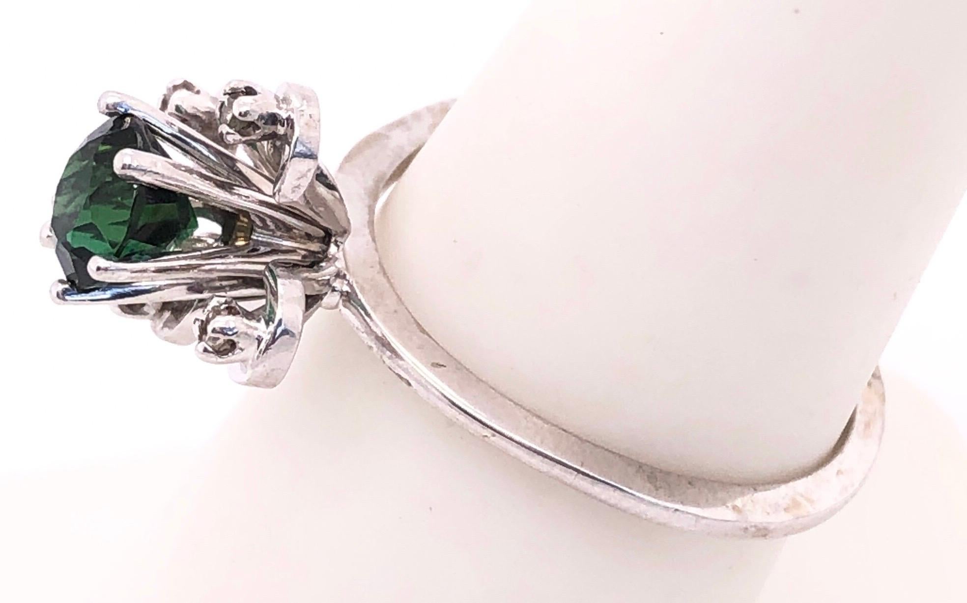 Women's or Men's 14 Karat White Gold with Center Green Tourmaline Fashion Ring For Sale