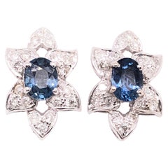 14 Karat White Gold with Center Sapphire Diamond Accents Button Earrings