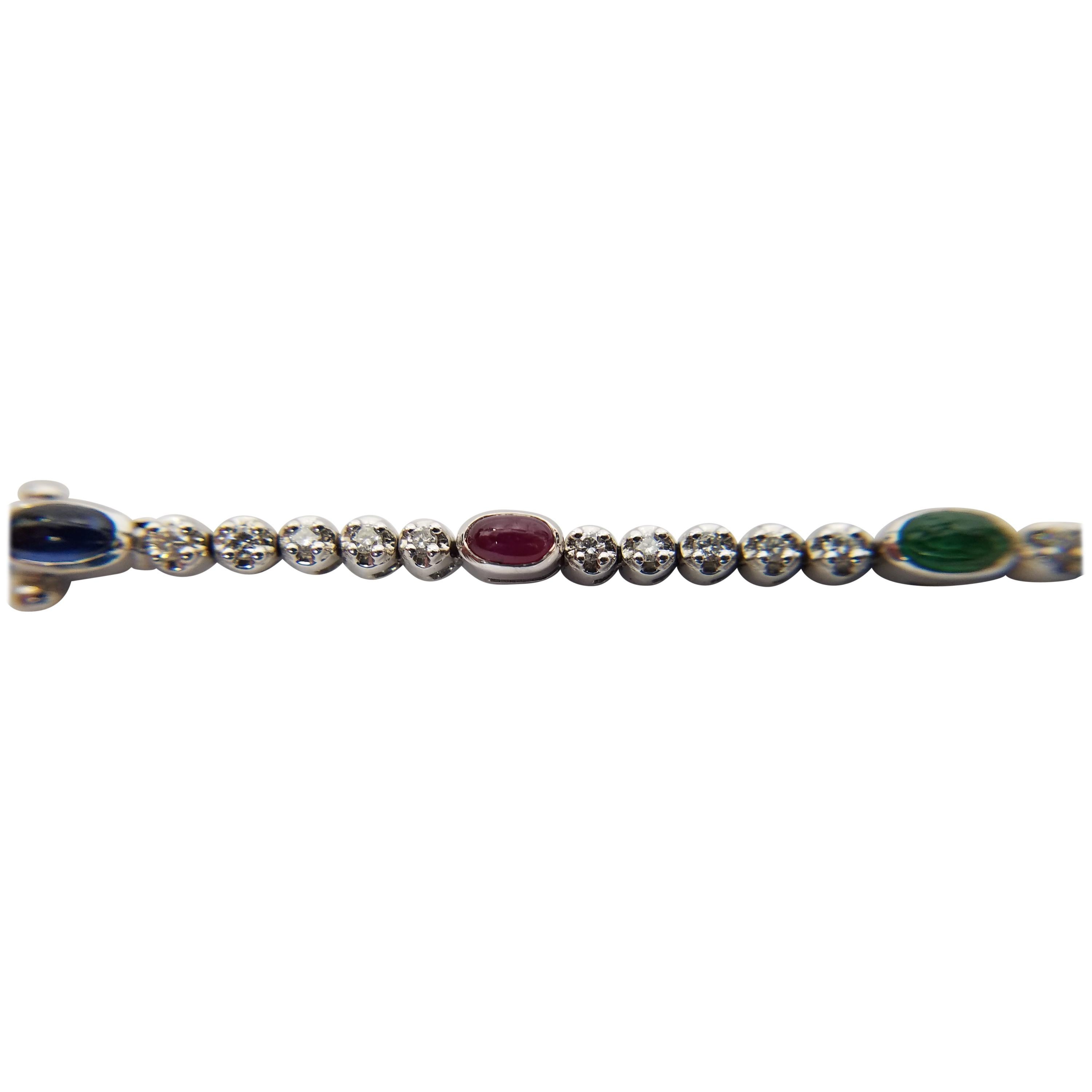 14 Karat White Gold with Diamond, Cabochon Ruby, Emerald and Sapphire