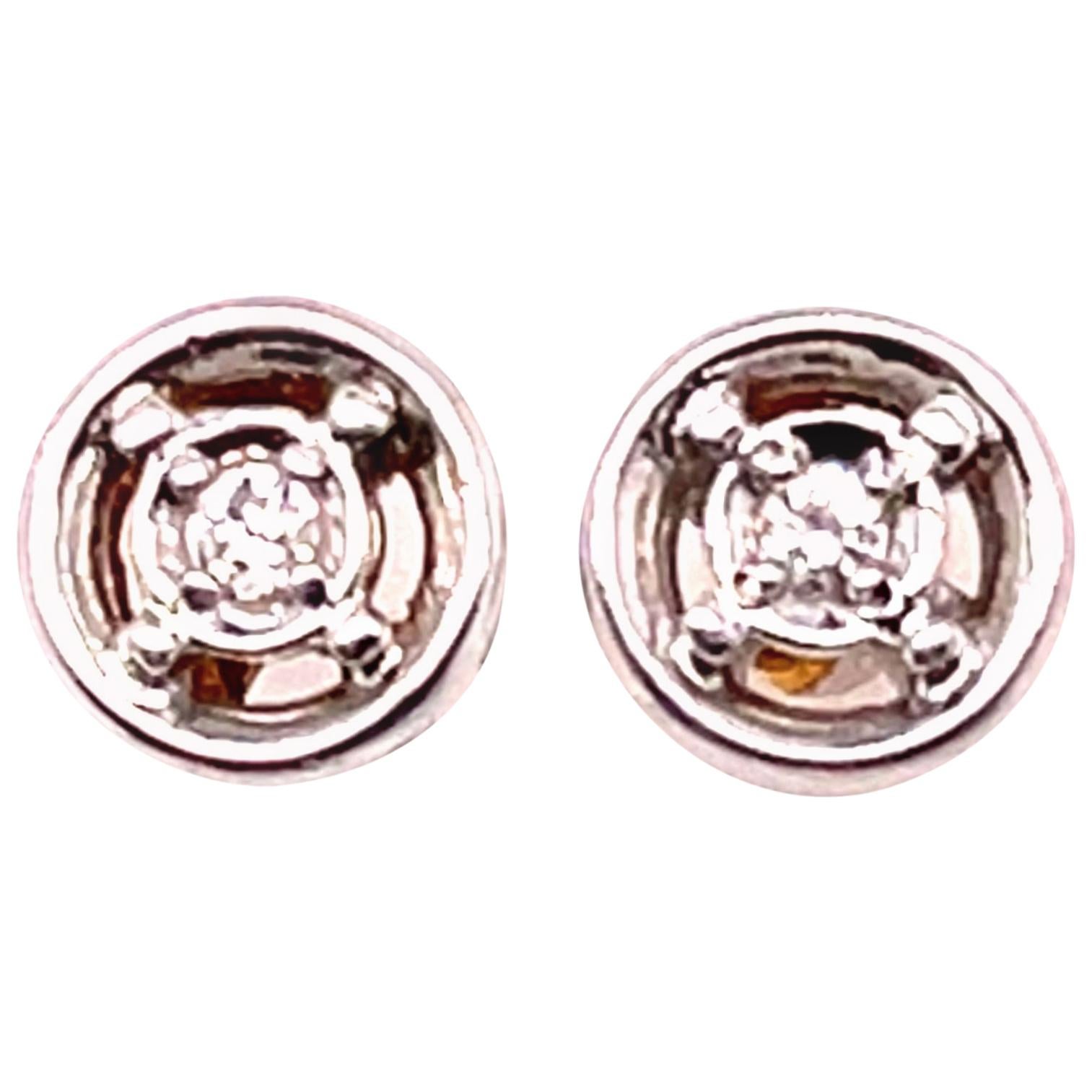 14 Karat White Gold with Round Diamond Post Earrings Double Circle Design For Sale