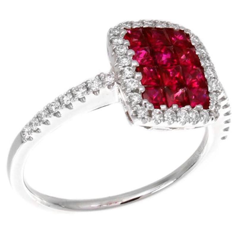 Emerald Cut 14 Karat White Gold with Ruby and Diamonds Ring For Sale