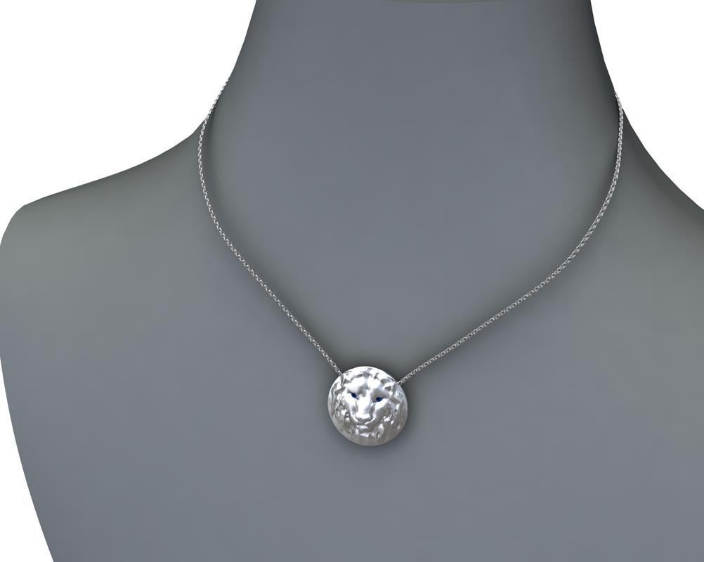 Contemporary 14 Karat White Gold Women's Pendant Necklace Leo Lion with Sapphire Eyes For Sale
