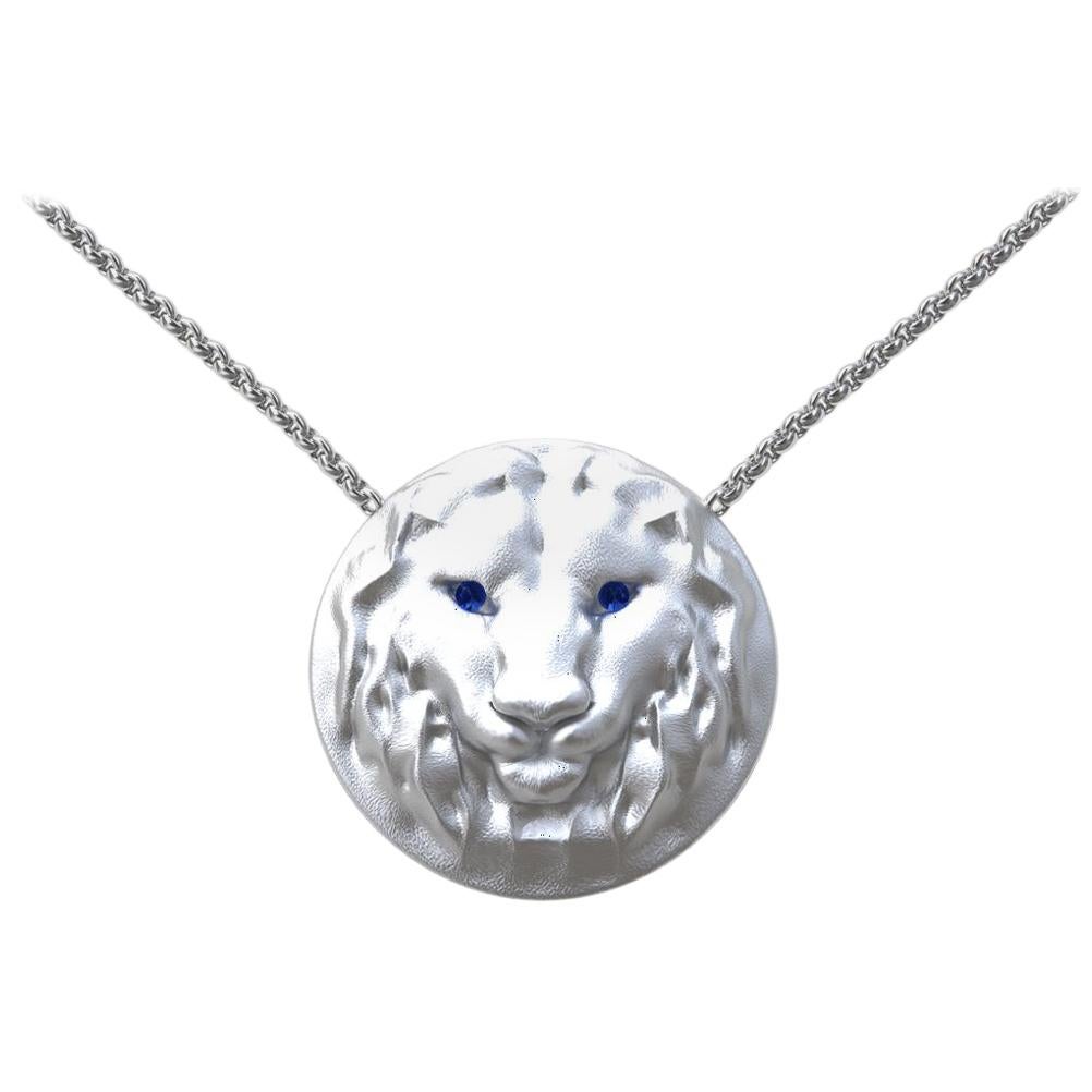 14 Karat White Gold Women's Pendant Necklace Leo Lion with Sapphire Eyes For Sale