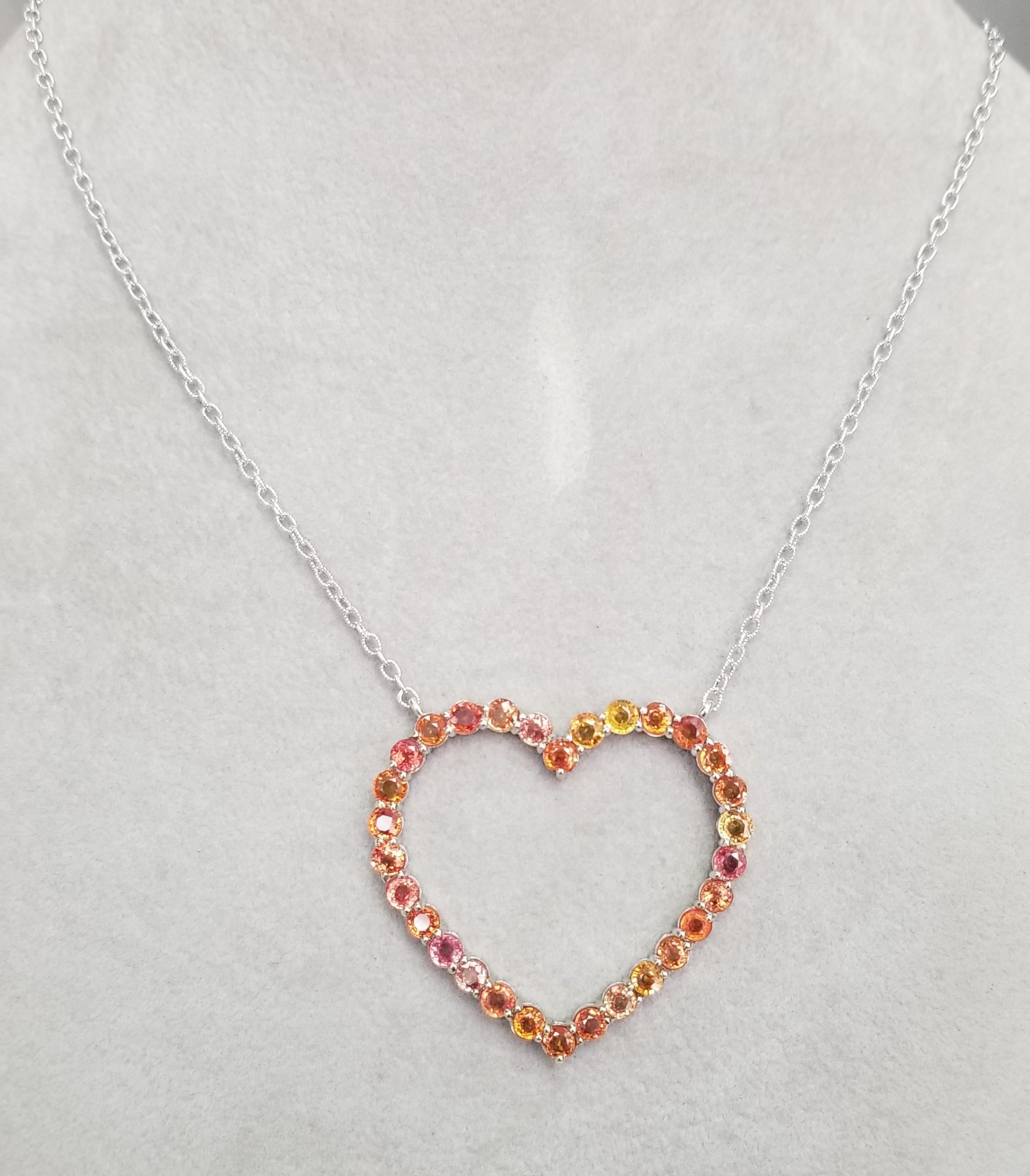 14 Karat White Gold Yellow and Orange Sapphires Heart Pendant Weighing 8.01 Cts In New Condition For Sale In Los Angeles, CA