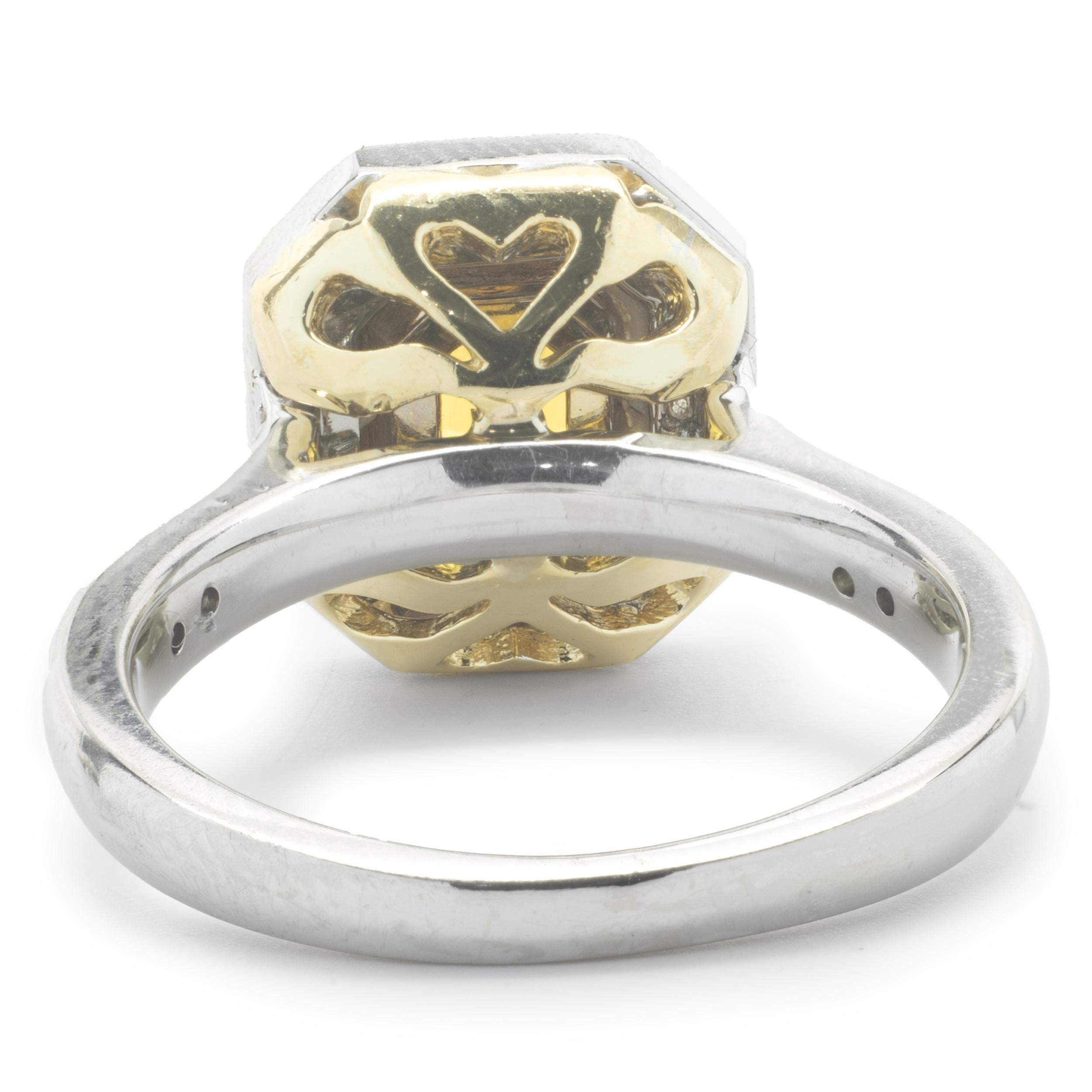 Asscher Cut 14 Karat White Gold Yellow Sapphire and Diamond Ring For Sale