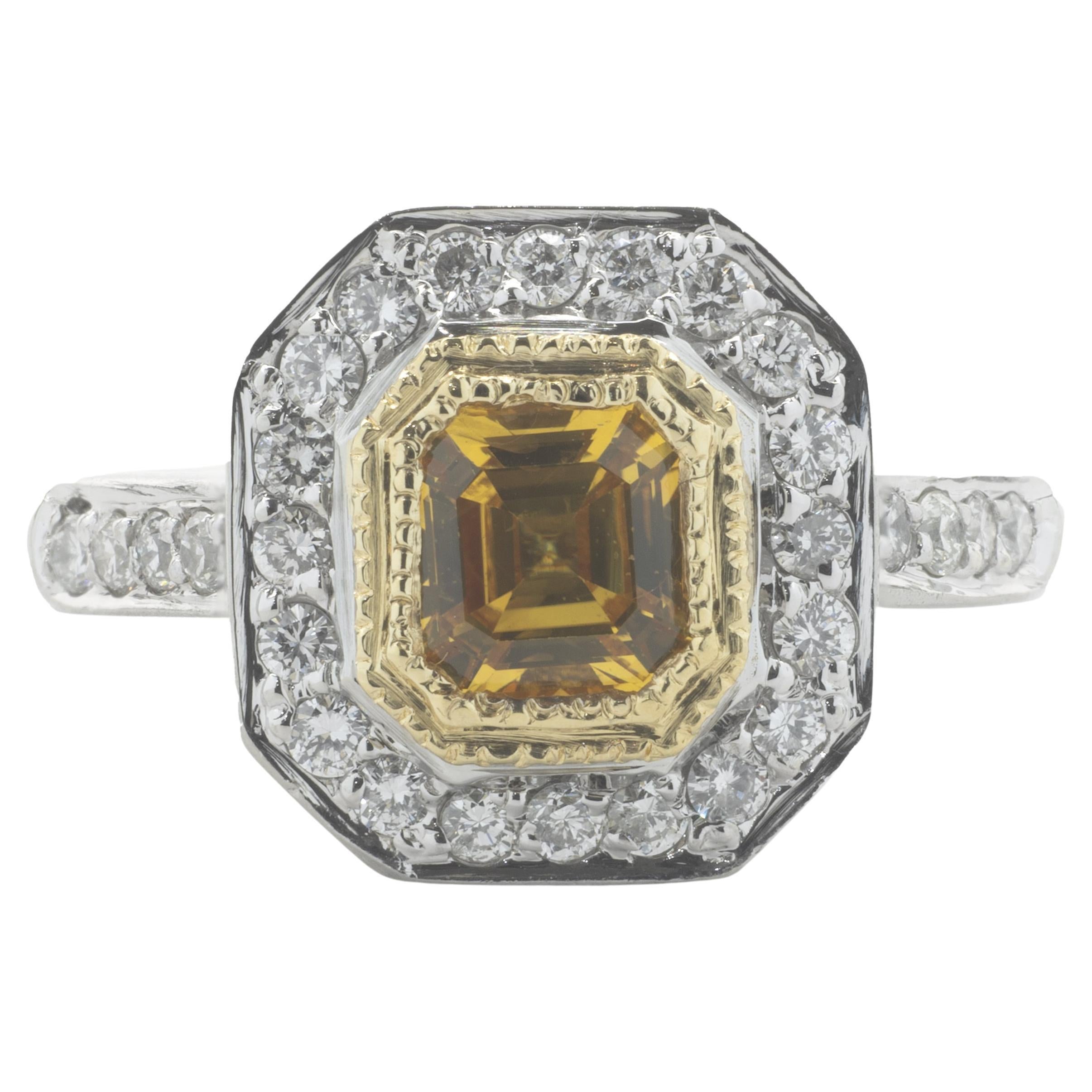 14 Karat White Gold Yellow Sapphire and Diamond Ring For Sale