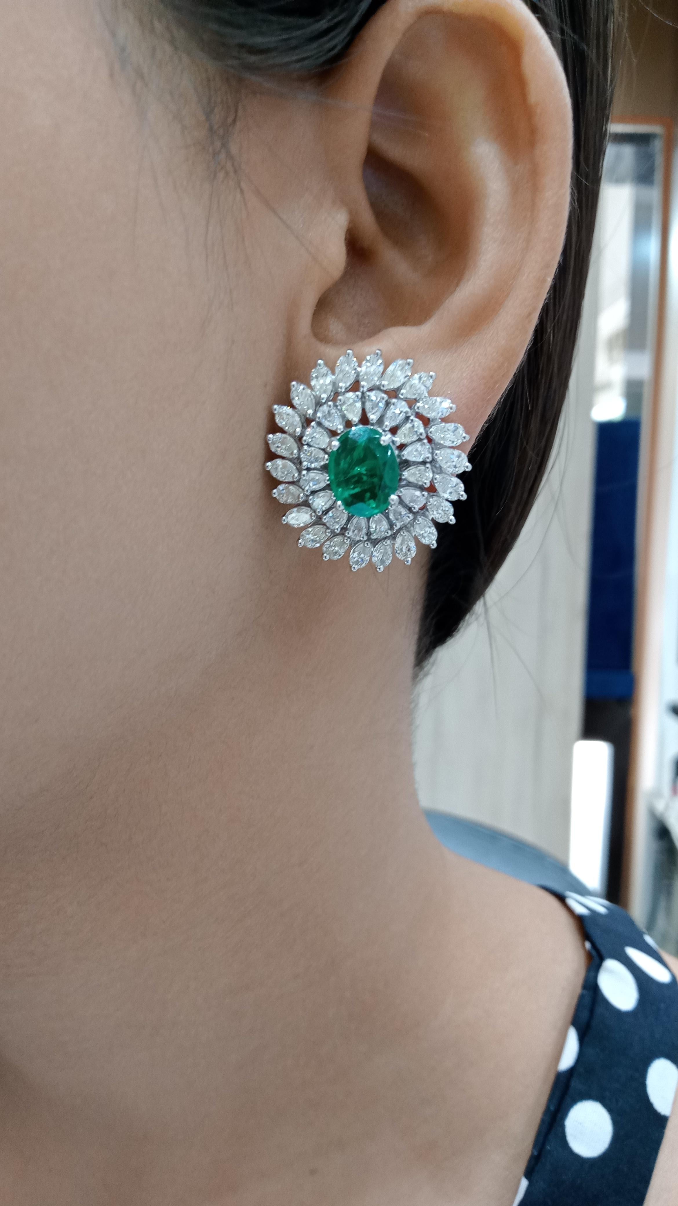 Contemporary 14 Karat White Gold Zambian Emerald White Diamond Stud Earrings For Sale