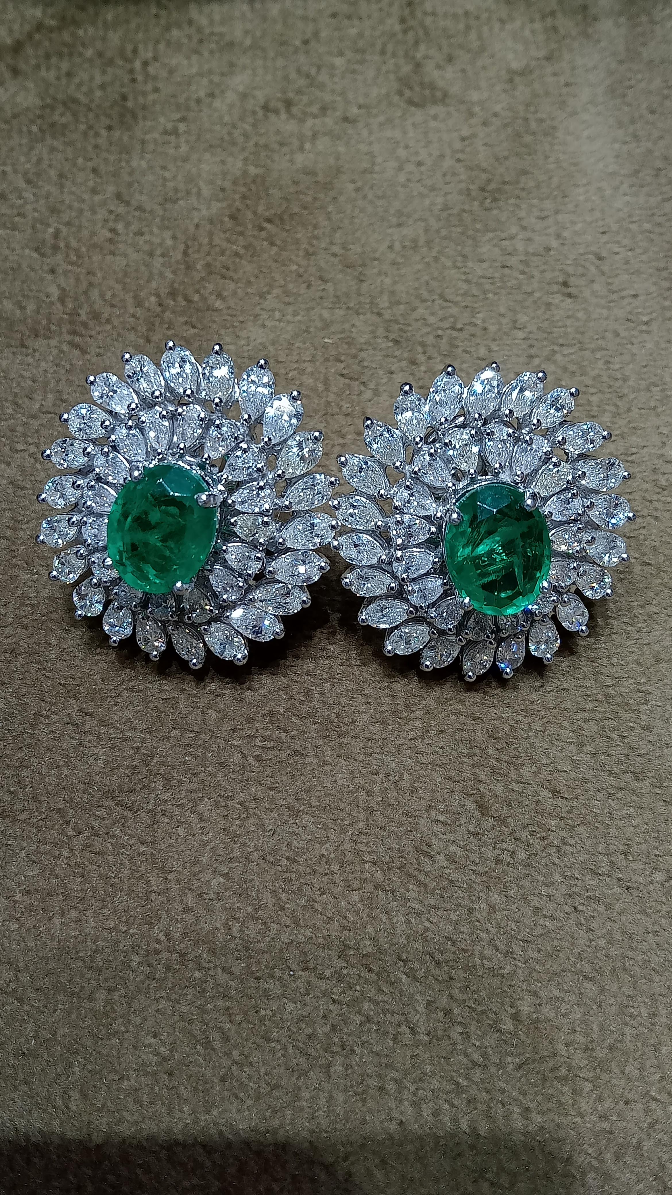 Mixed Cut 14 Karat White Gold Zambian Emerald White Diamond Stud Earrings For Sale