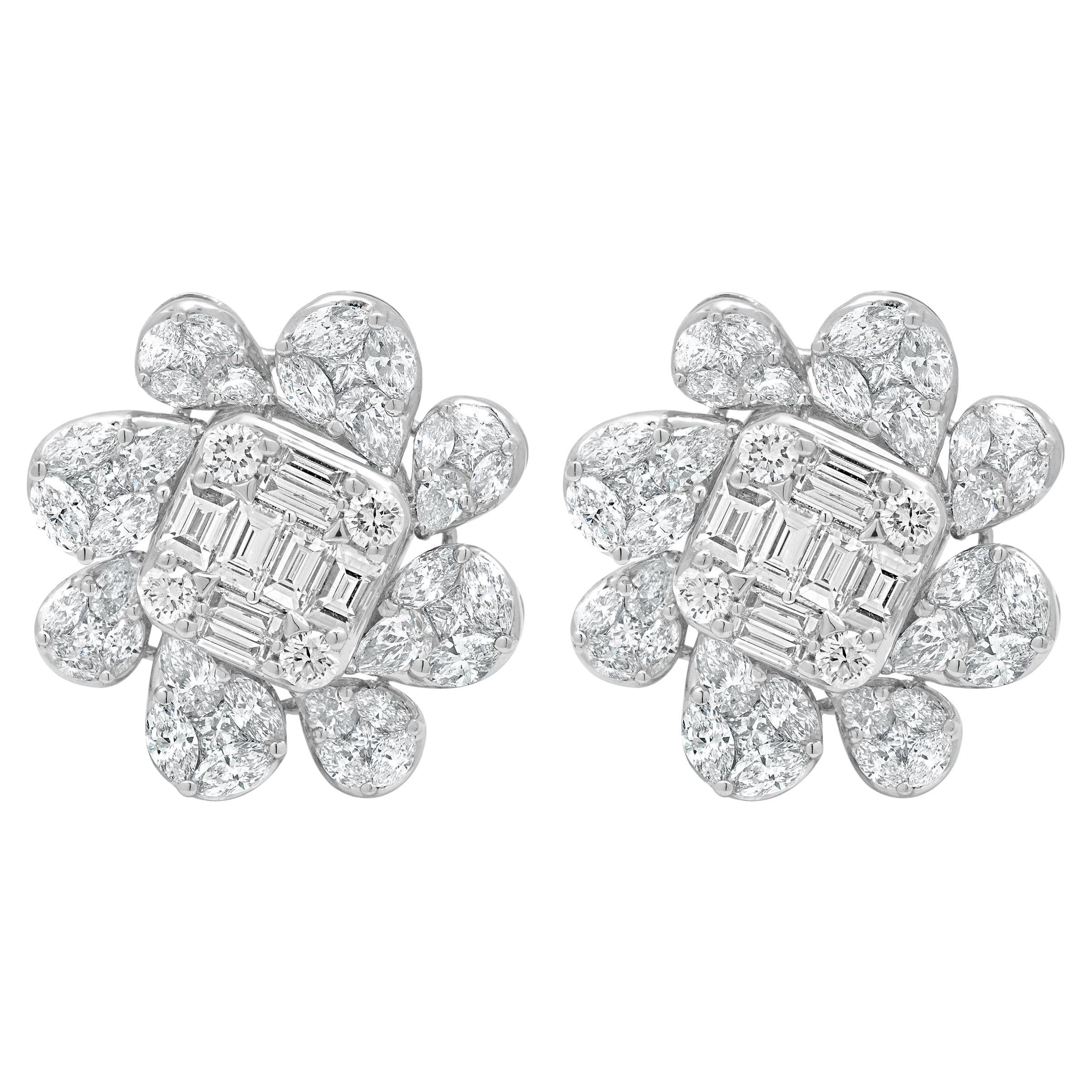 14 Karat White Mosaic Diamond Flower Earrings