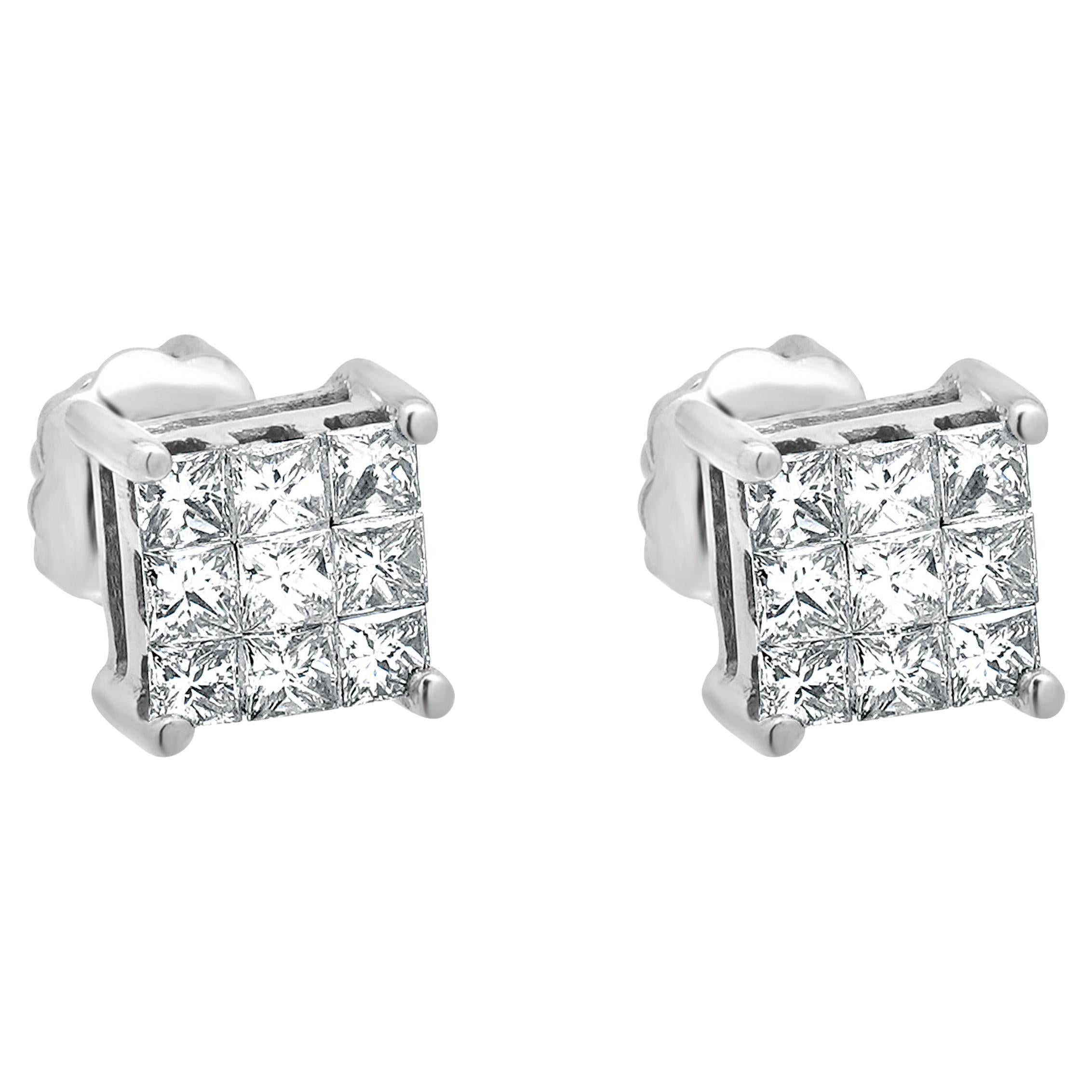 14 Karat White Princess Cut Invisible Set Earrings