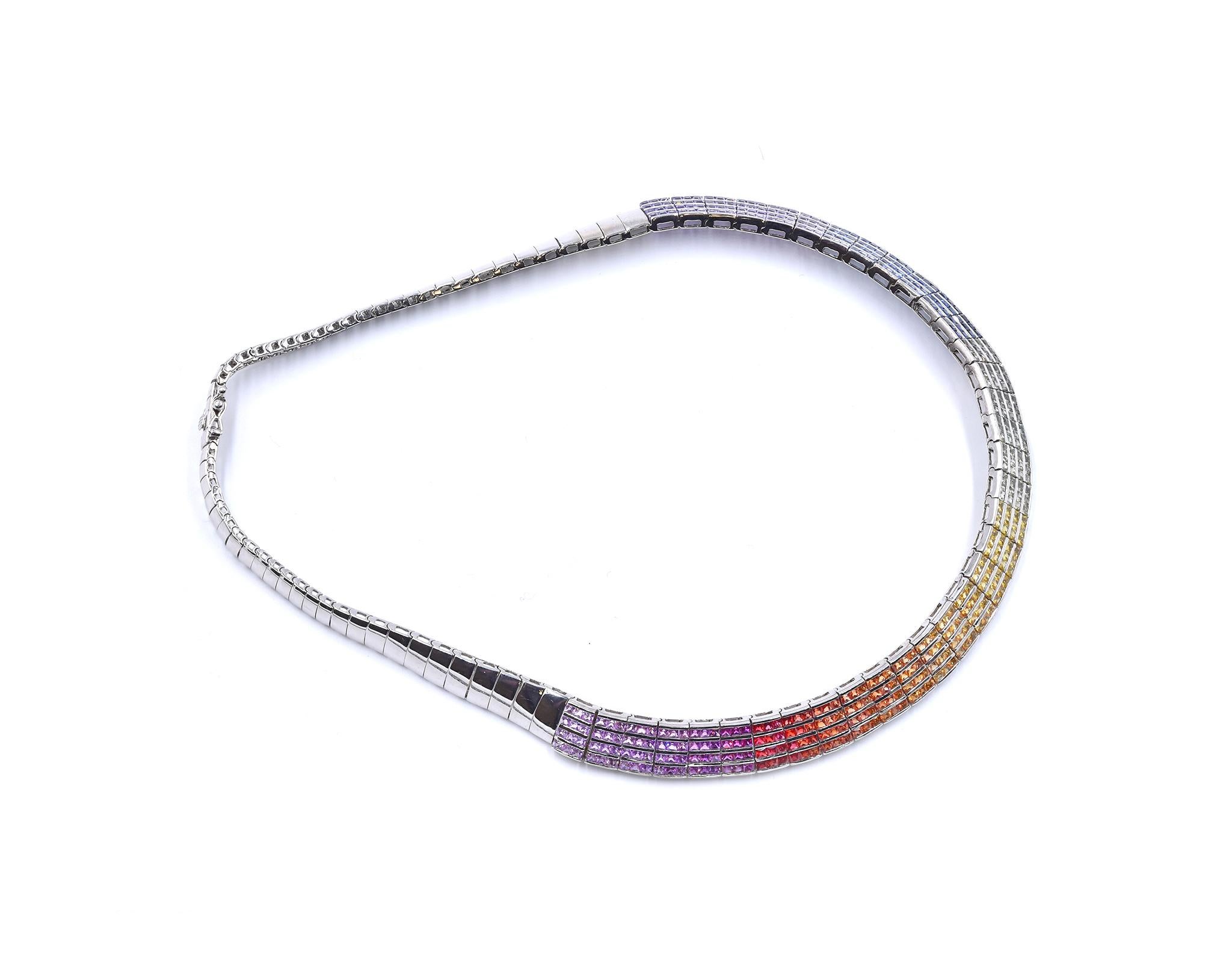 Designer: custom 
Material: 14K white gold
Diamond: 456 princess cut = 45.60cttw
Color: rainbow
Clarity: AAA+
Dimensions: necklace measures 16-inches long 
Weight: 54.16 grams