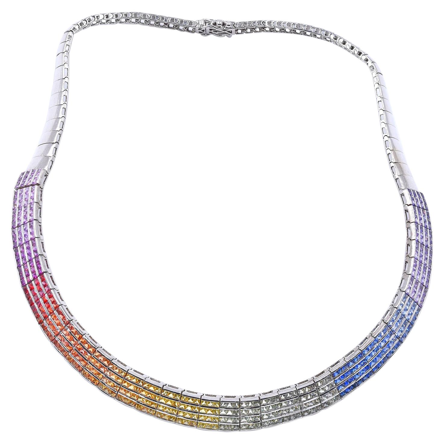 14 Karat White Rainbow Sapphire Collar Necklace