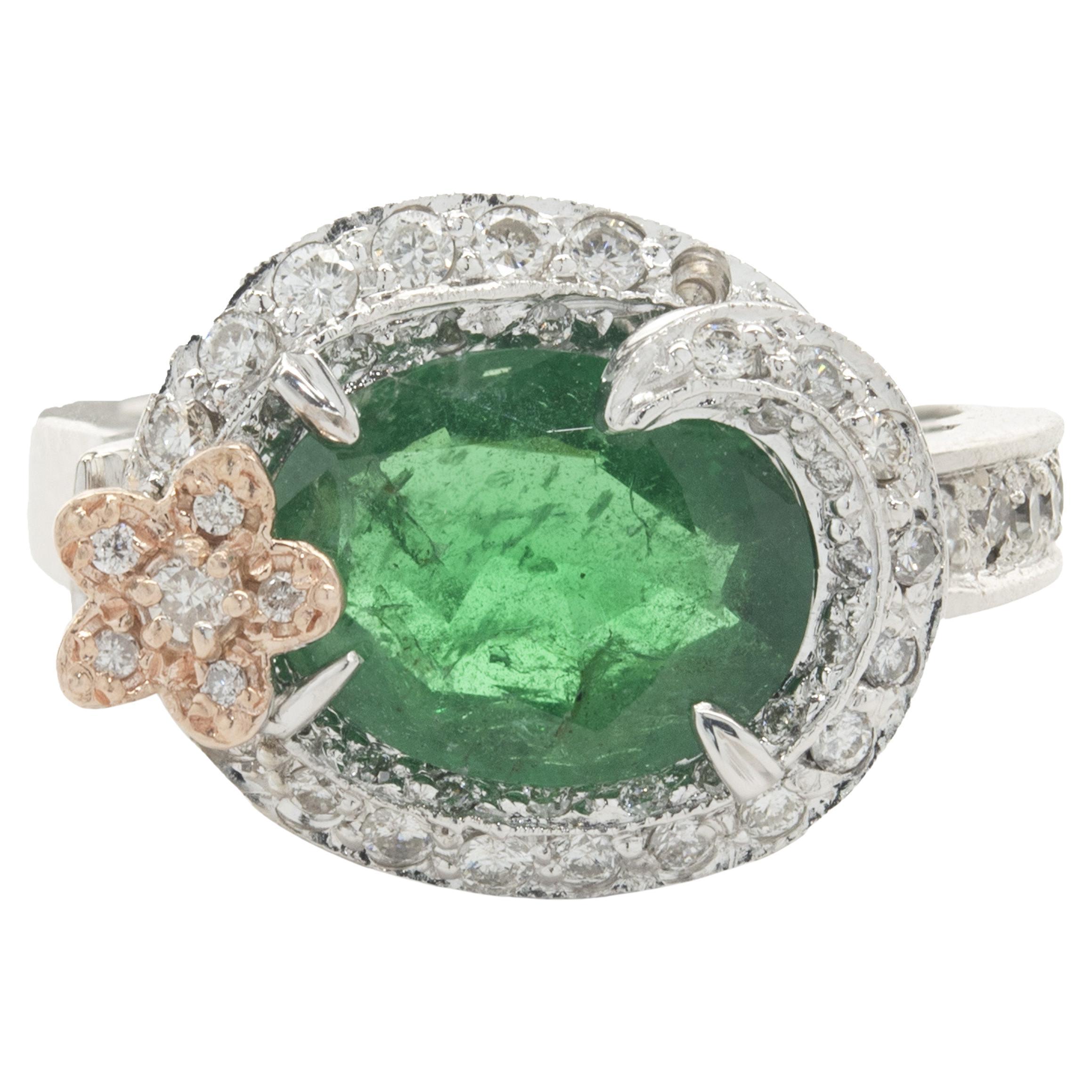 14 Karat White & Rose Gold Emerald and Diamond Flower Wrap Ring For Sale