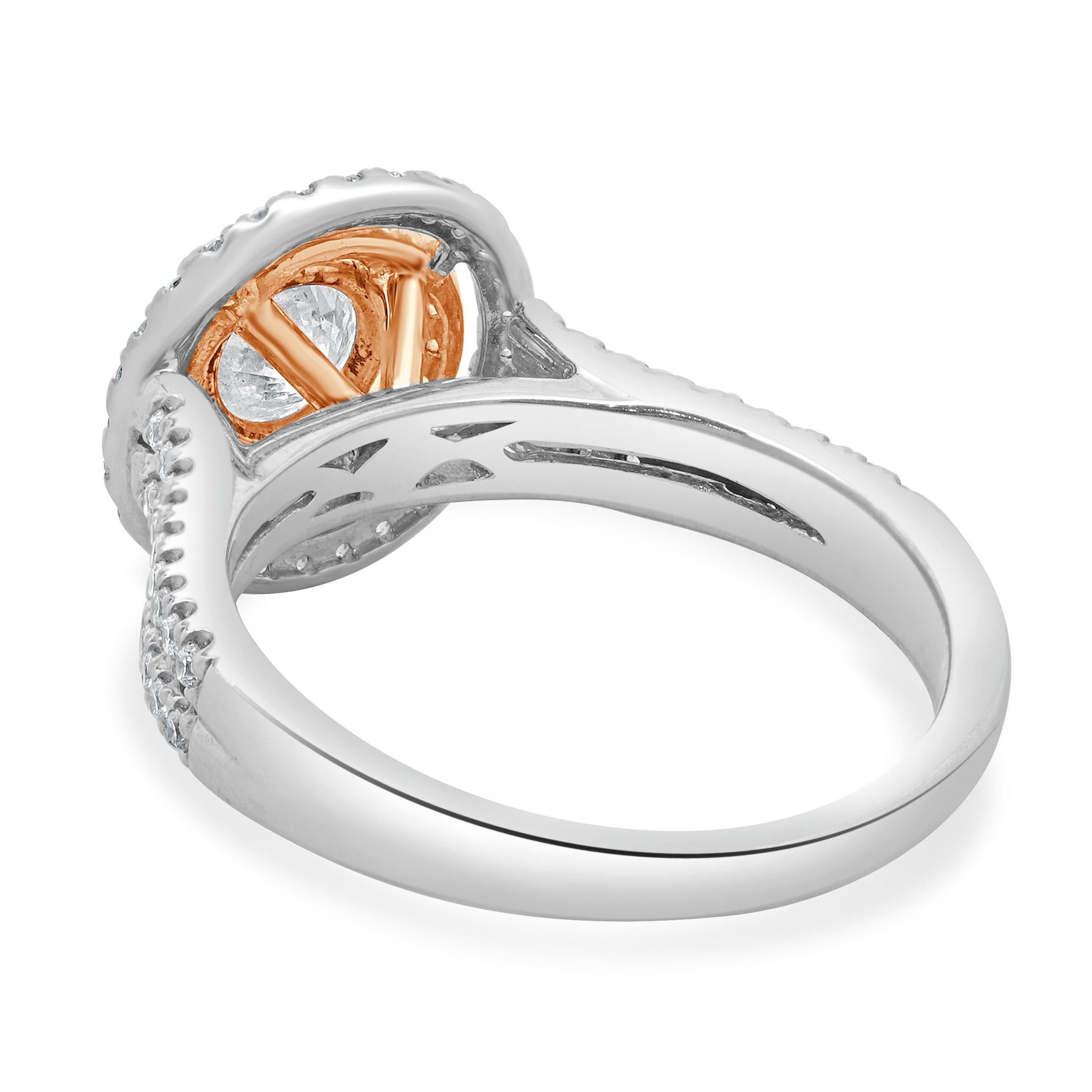 Round Cut 14 Karat White & Rose Gold Round Brilliant Cut Diamond Engagement Ring For Sale
