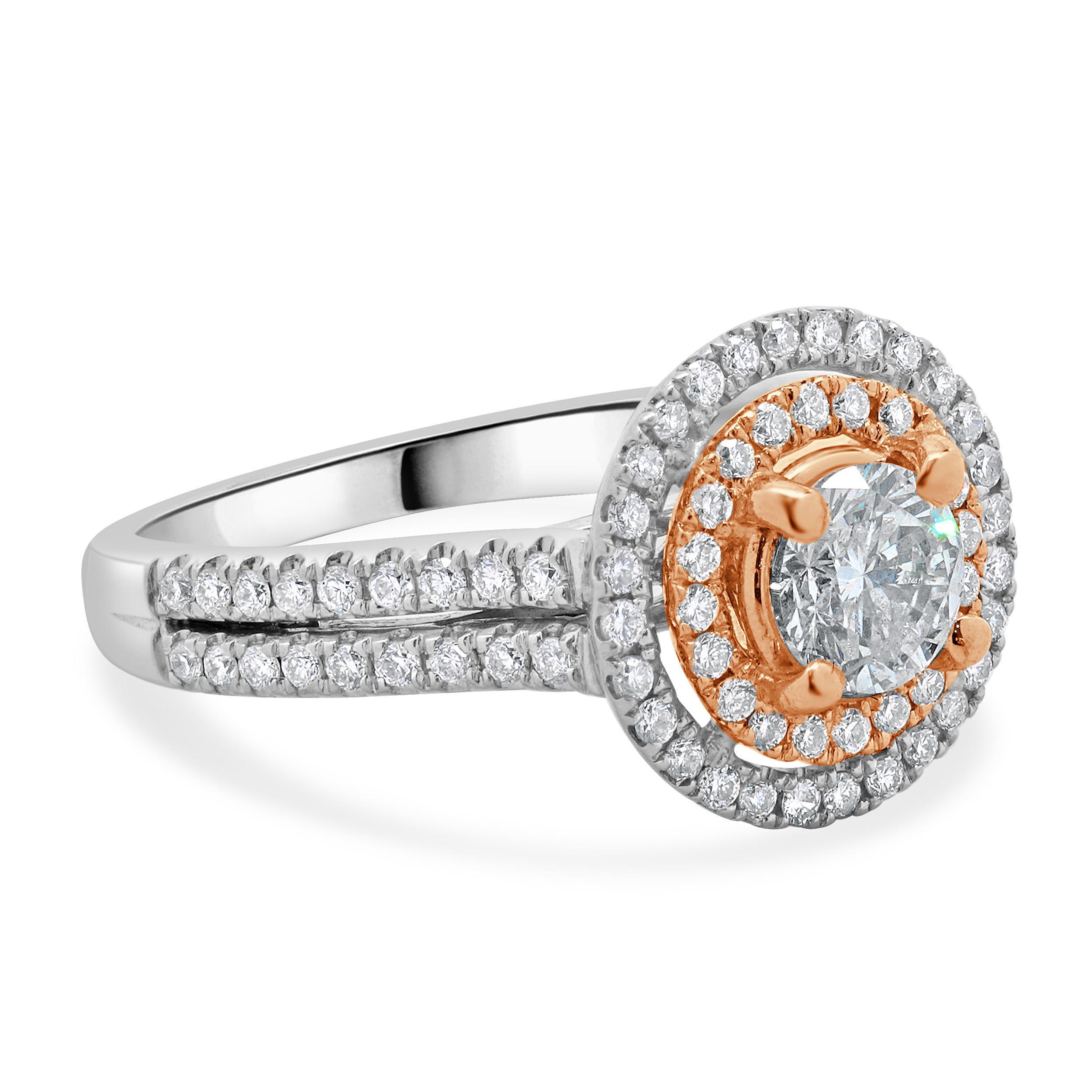 14 Karat White & Rose Gold Round Brilliant Cut Diamond Engagement Ring In Excellent Condition For Sale In Scottsdale, AZ