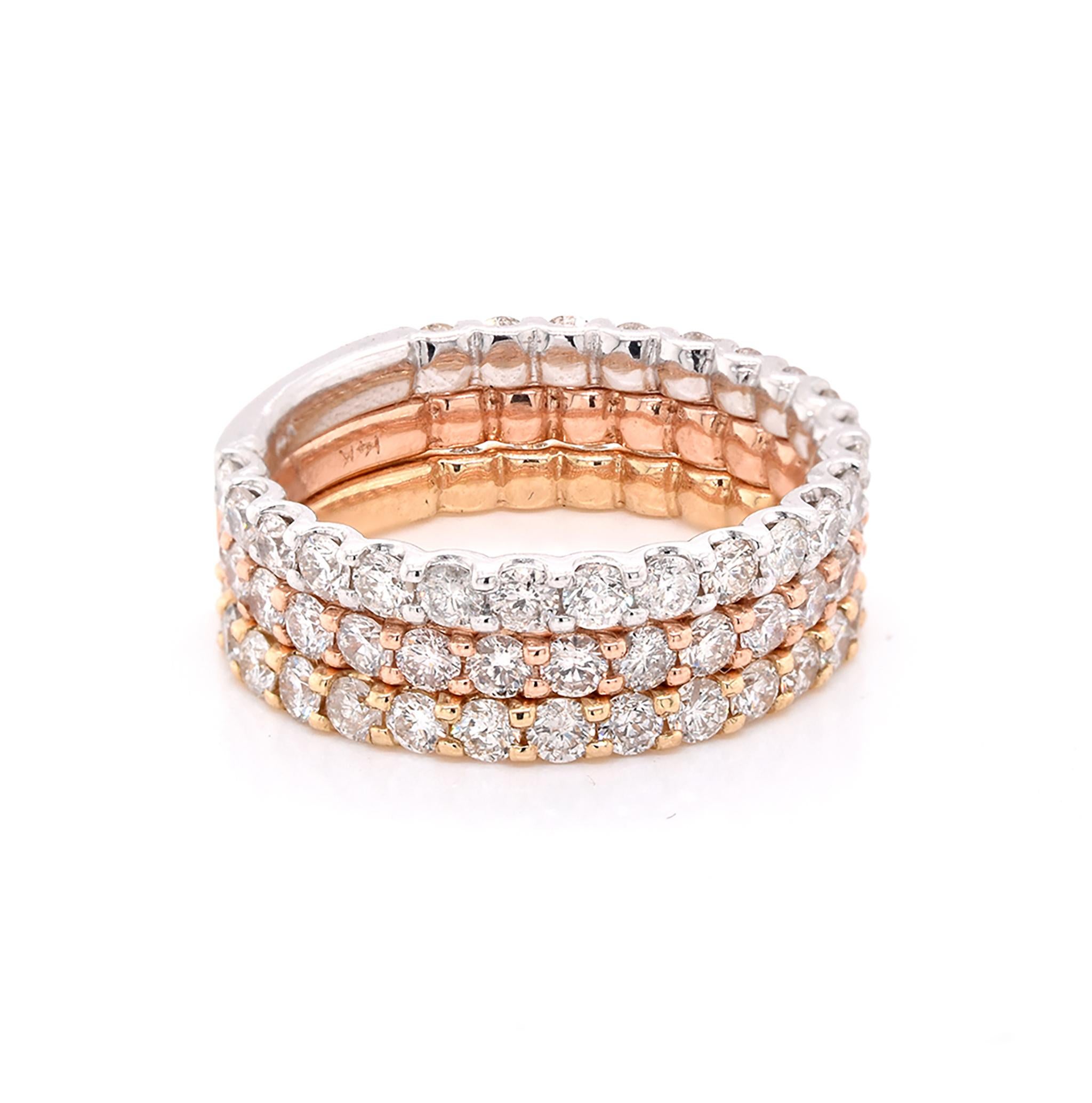 Material: 14K white, yellow, and rose
Diamonds: 69 round cut = 2.39cttw
Color: G
Clarity: VS
Ring Size: 6.5 (please allow up to 2 additional business days for sizing requests)
Dimensions: rings individually measures 2.1mm wide
Weight: 4.44 grams