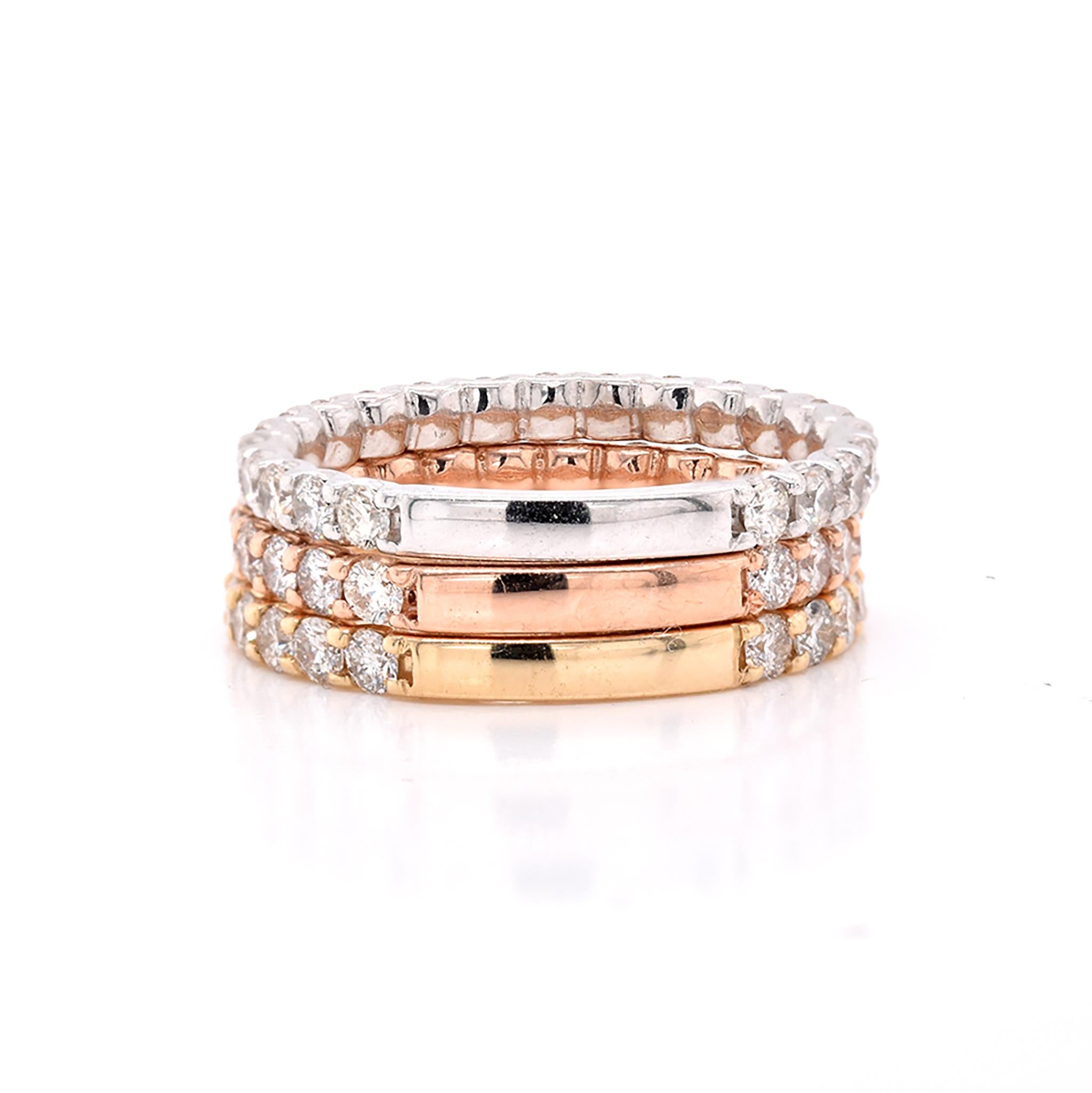 14 Karat White, Yellow, and Rose Gold Diamond Band Set In Excellent Condition In Scottsdale, AZ
