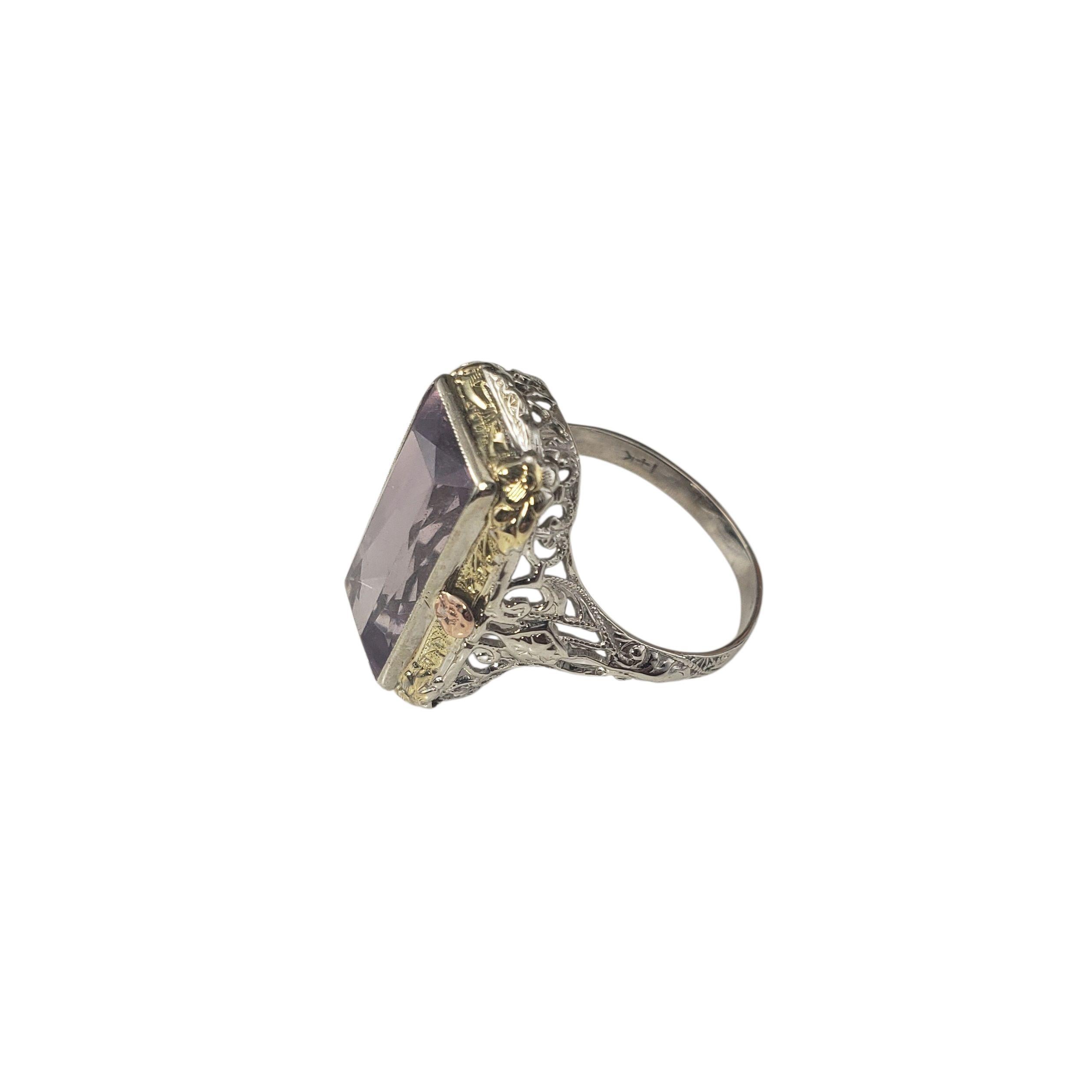 Emerald Cut 14 Karat White, Yellow and Rose Gold Filigree Amethyst Ring Size 7 #22650 For Sale