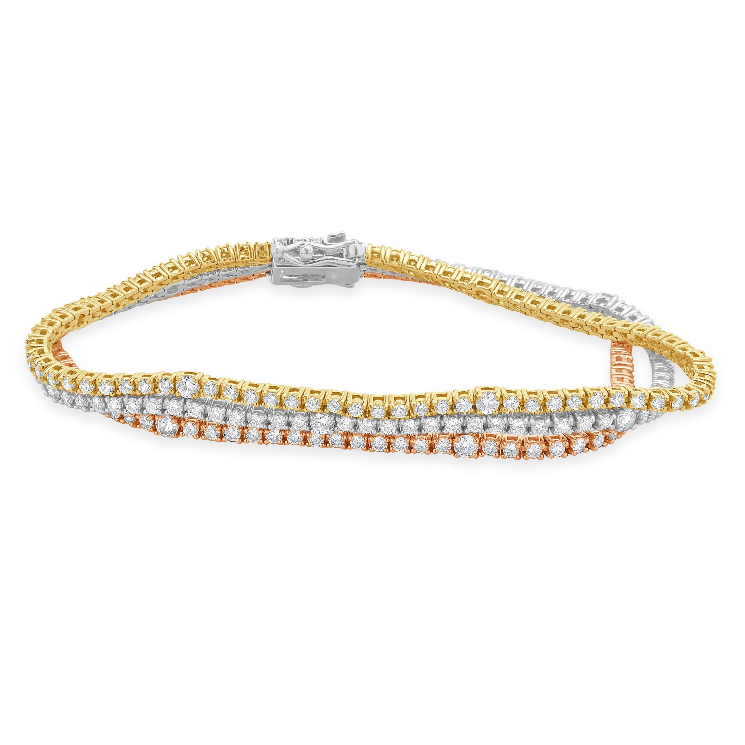 Designer: custom design
Material: 18K white, rose &  yellow gold
Diamond: 237 round brilliant cut = 5.31cttw
Color: G/H
Clarity: VS-SI1
Dimensions: bracelet will fit up to a 7-inch wrist
Weight: 20.80 grams
